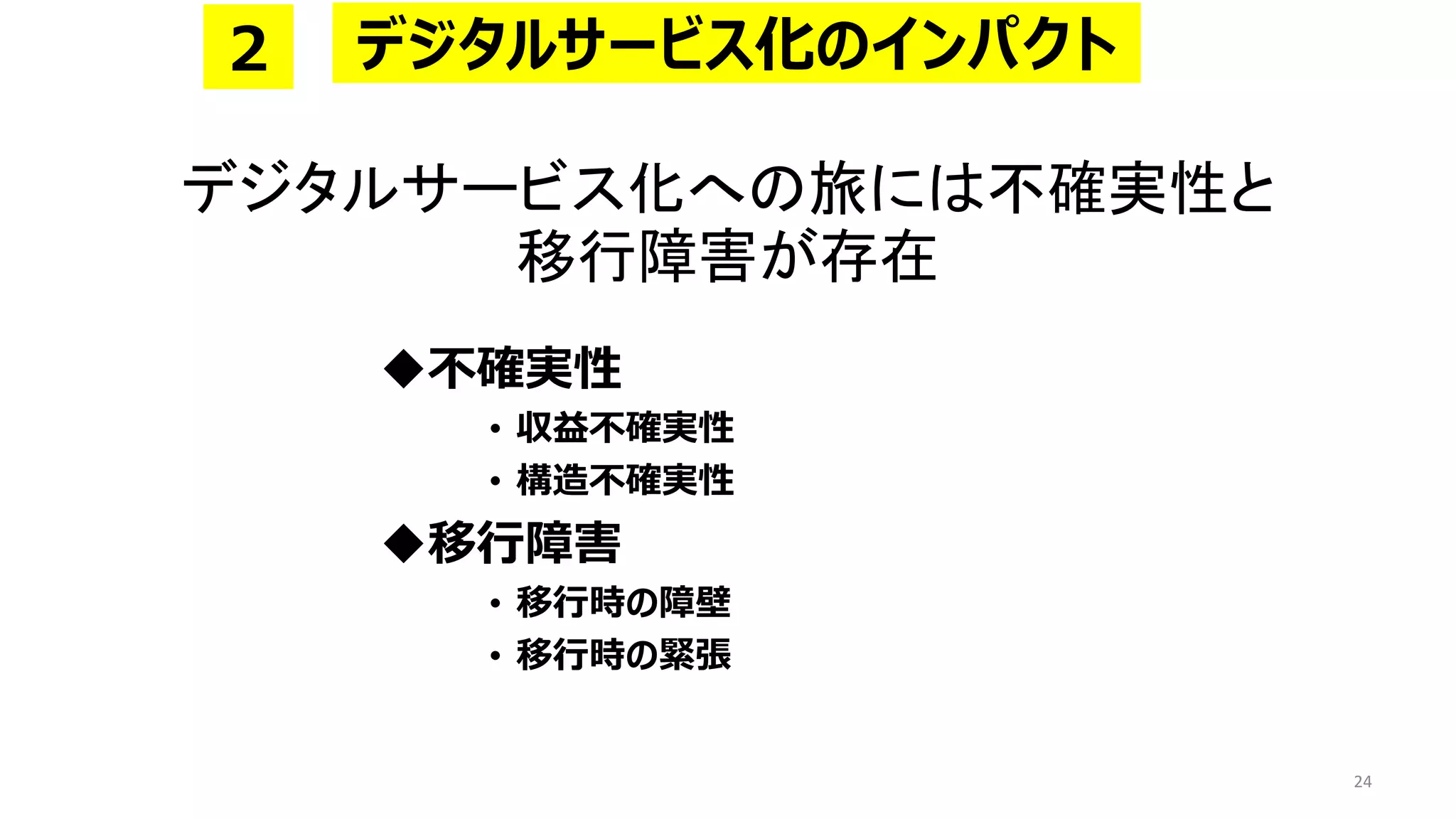デジタルサービス化への旅には不確実性と
移行障害が存在
◆不確実性
• 収益不確実性
• 構造不確実性
◆移行障害
• 移行時の障壁
• 移行時の緊張
24
デジタルサービス化のインパクト
２
 