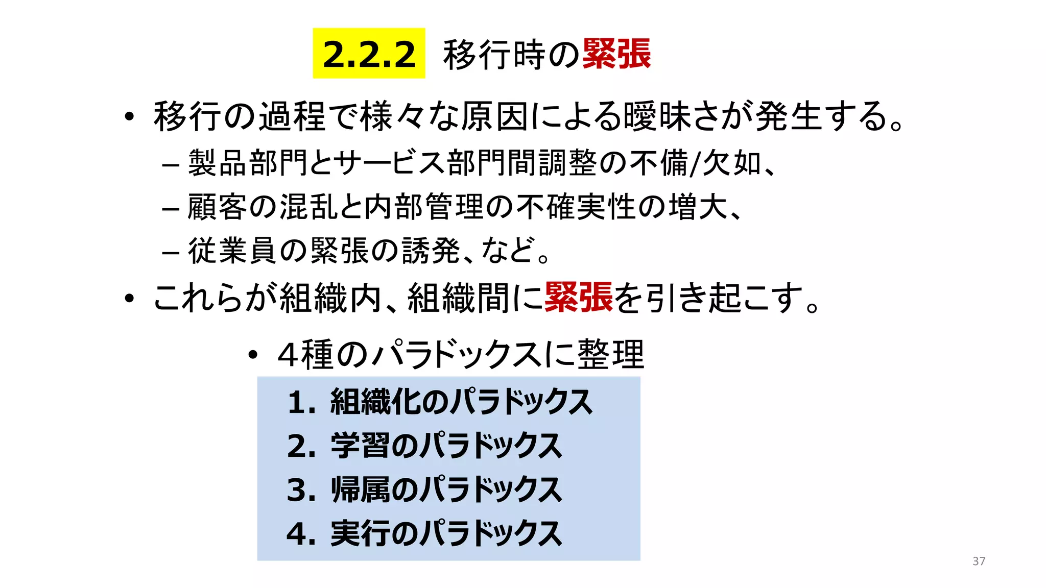 • 移行の過程で様々な原因による曖昧さが発生する。
– 製品部門とサービス部門間調整の不備/欠如、
– 顧客の混乱と内部管理の不確実性の増大、
– 従業員の緊張の誘発、など。
• これらが組織内、組織間に緊張を引き起こす。
37
移行時の緊張
2.2.2
• ４種のパラドックスに整理
1. 組織化のパラドックス
2. 学習のパラドックス
3. 帰属のパラドックス
4. 実行のパラドックス
 