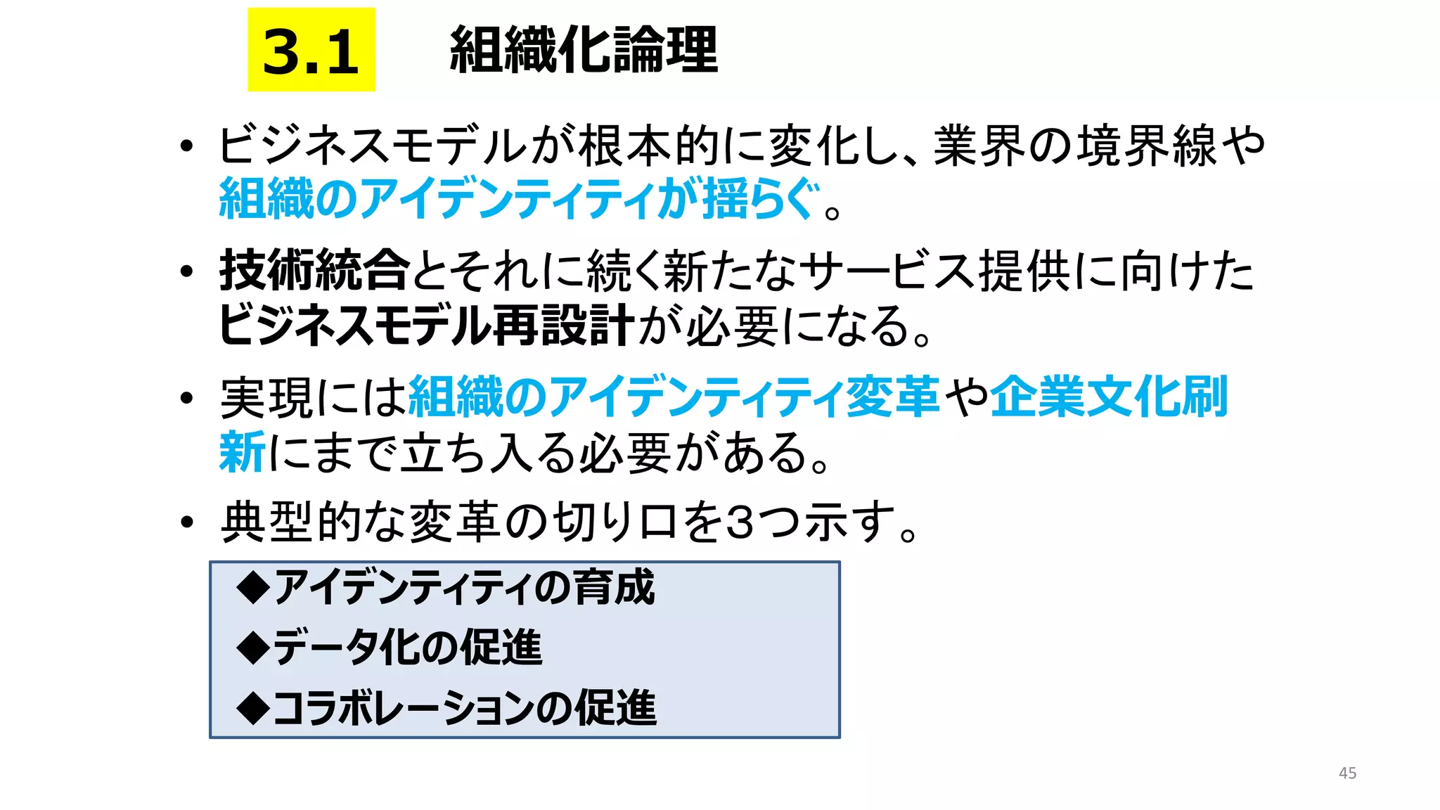 • ビジネスモデルが根本的に変化し、業界の境界線や
組織のアイデンティティが揺らぐ。
• 技術統合とそれに続く新たなサービス提供に向けた
ビジネスモデル再設計が必要になる。
• 実現には組織のアイデンティティ変革や企業文化刷
新にまで立ち入る必要がある。
45
組織化論理
3.1
• 典型的な変革の切り口を３つ示す。
◆アイデンティティの育成
◆データ化の促進
◆コラボレーションの促進
 