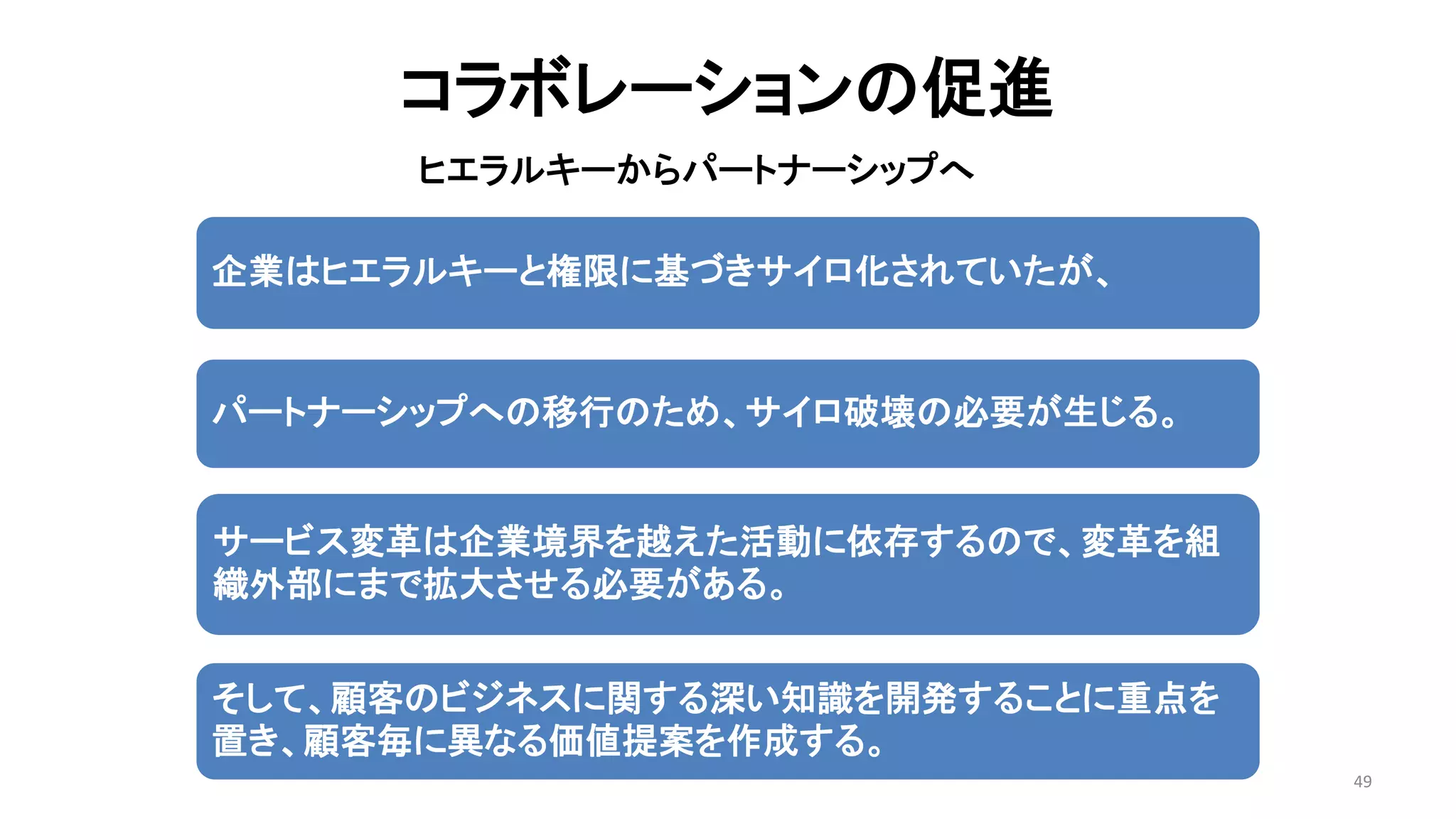 コラボレーションの促進
ヒエラルキーからパートナーシップへ
49
企業はヒエラルキーと権限に基づきサイロ化されていたが、
パートナーシップへの移行のため、サイロ破壊の必要が生じる。
サービス変革は企業境界を越えた活動に依存するので、変革を組
織外部にまで拡大させる必要がある。
そして、顧客のビジネスに関する深い知識を開発することに重点を
置き、顧客毎に異なる価値提案を作成する。
 