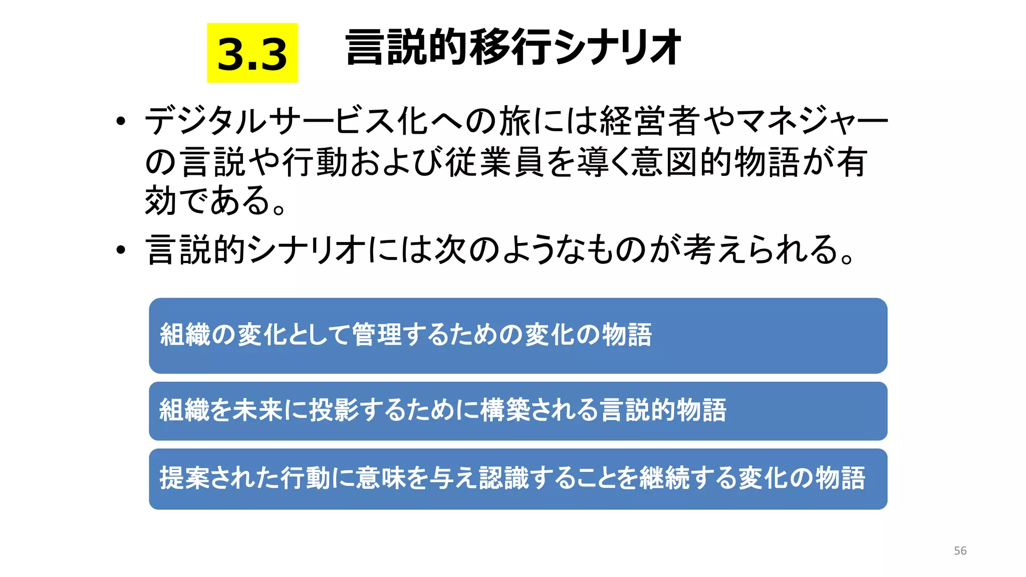 • デジタルサービス化への旅には経営者やマネジャー
の言説や行動および従業員を導く意図的物語が有
効である。
• 言説的シナリオには次のようなものが考えられる。
56
言説的移行シナリオ
3.3
組織の変化として管理するための変化の物語
組織を未来に投影するために構築される言説的物語
提案された行動に意味を与え認識することを継続する変化の物語
 