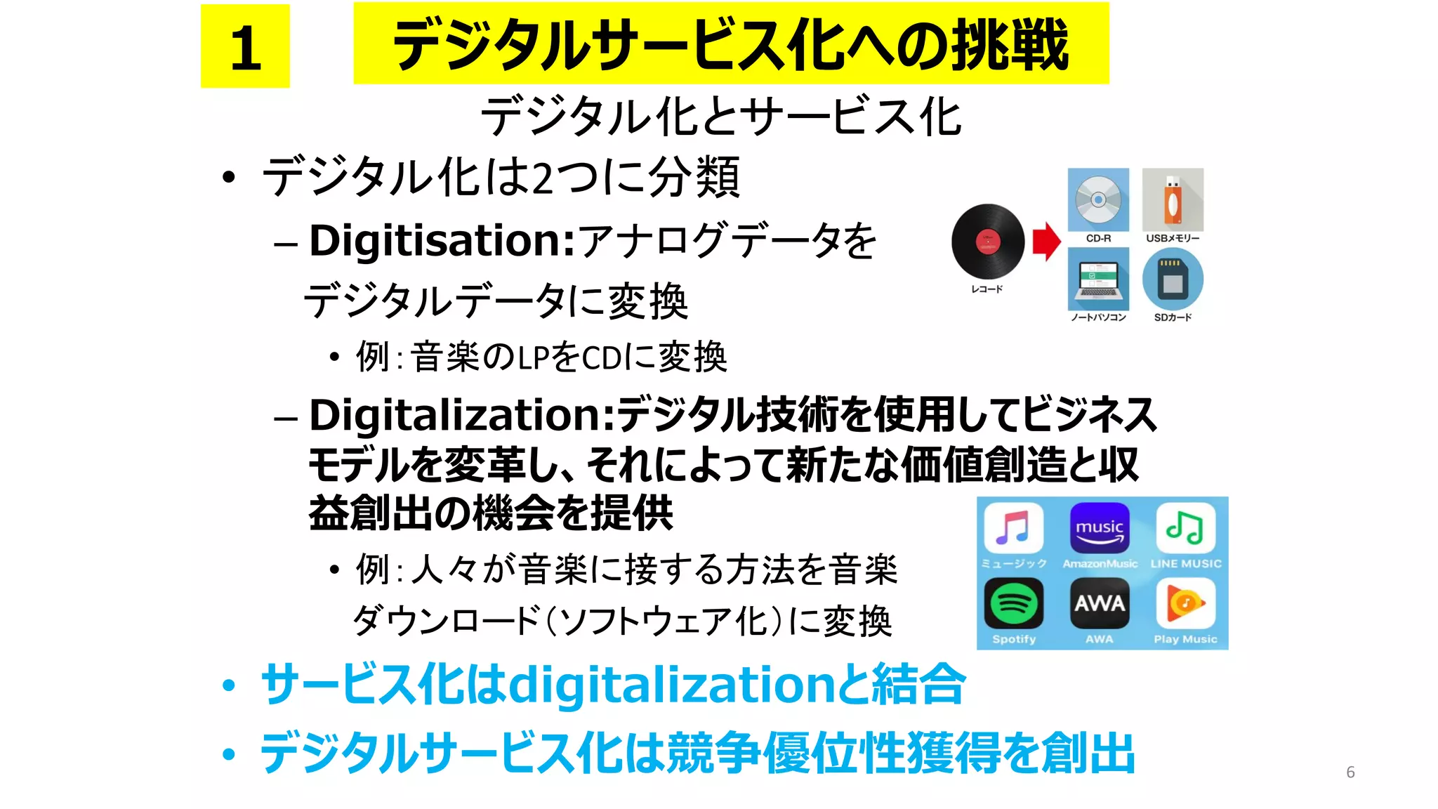 デジタル化とサービス化
• デジタル化は2つに分類
– Digitisation:アナログデータを
デジタルデータに変換
• 例：音楽のLPをCDに変換
– Digitalization:デジタル技術を使用してビジネス
モデルを変革し、それによって新たな価値創造と収
益創出の機会を提供
• 例：人々が音楽に接する方法を音楽
ダウンロード（ソフトウェア化）に変換
• サービス化はdigitalizationと結合
• デジタルサービス化は競争優位性獲得を創出 6
デジタルサービス化への挑戦
1
 