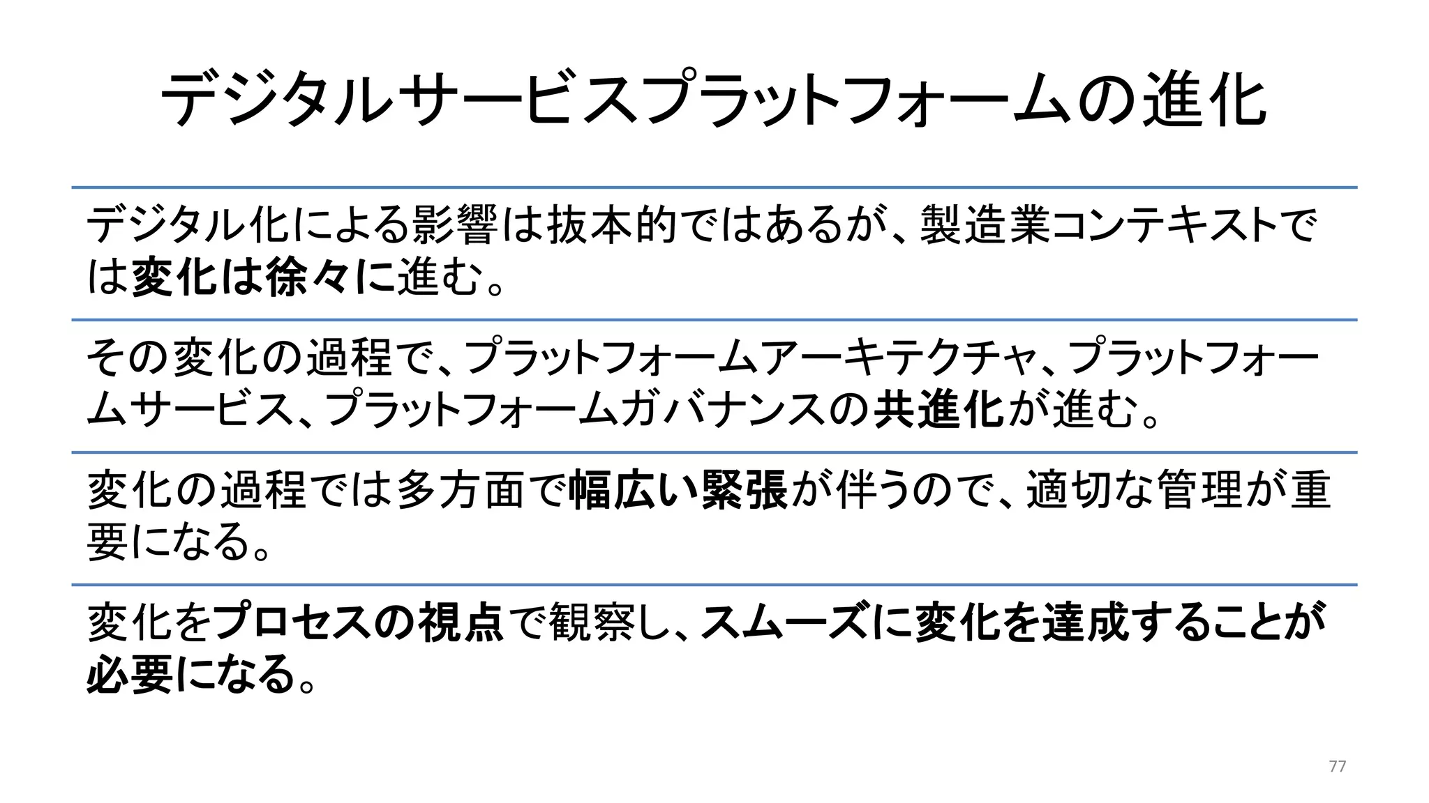 デジタルサービスプラットフォームの進化
77
デジタル化による影響は抜本的ではあるが、製造業コンテキストで
は変化は徐々に進む。
その変化の過程で、プラットフォームアーキテクチャ、プラットフォー
ムサービス、プラットフォームガバナンスの共進化が進む。
変化の過程では多方面で幅広い緊張が伴うので、適切な管理が重
要になる。
変化をプロセスの視点で観察し、スムーズに変化を達成することが
必要になる。
 