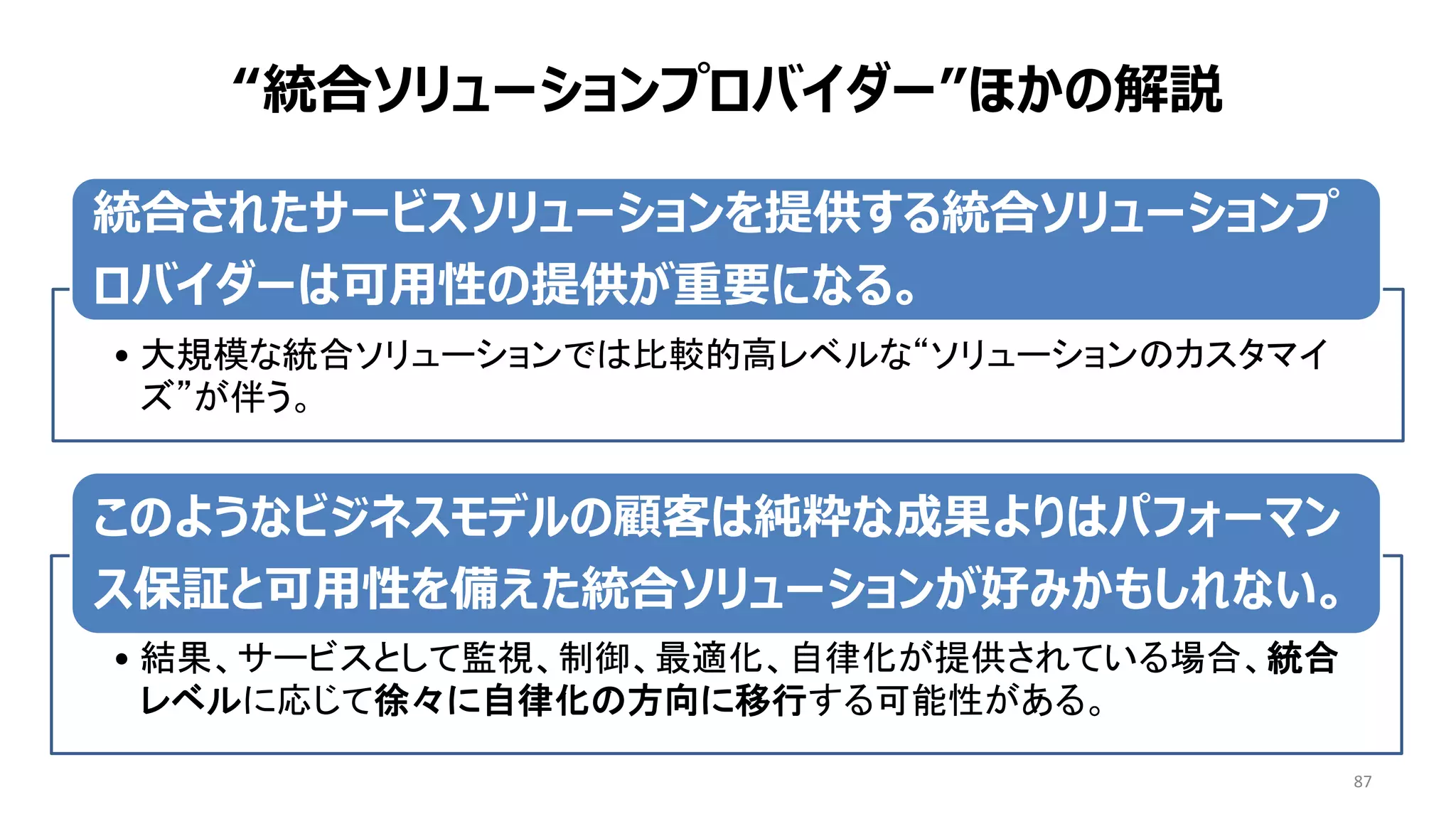 87
統合されたサービスソリューションを提供する統合ソリューションプ
ロバイダーは可用性の提供が重要になる。
• 大規模な統合ソリューションでは比較的高レベルな“ソリューションのカスタマイ
ズ”が伴う。
このようなビジネスモデルの顧客は純粋な成果よりはパフォーマン
ス保証と可用性を備えた統合ソリューションが好みかもしれない。
• 結果、サービスとして監視、制御、最適化、自律化が提供されている場合、統合
レベルに応じて徐々に自律化の方向に移行する可能性がある。
“統合ソリューションプロバイダー”ほかの解説
 