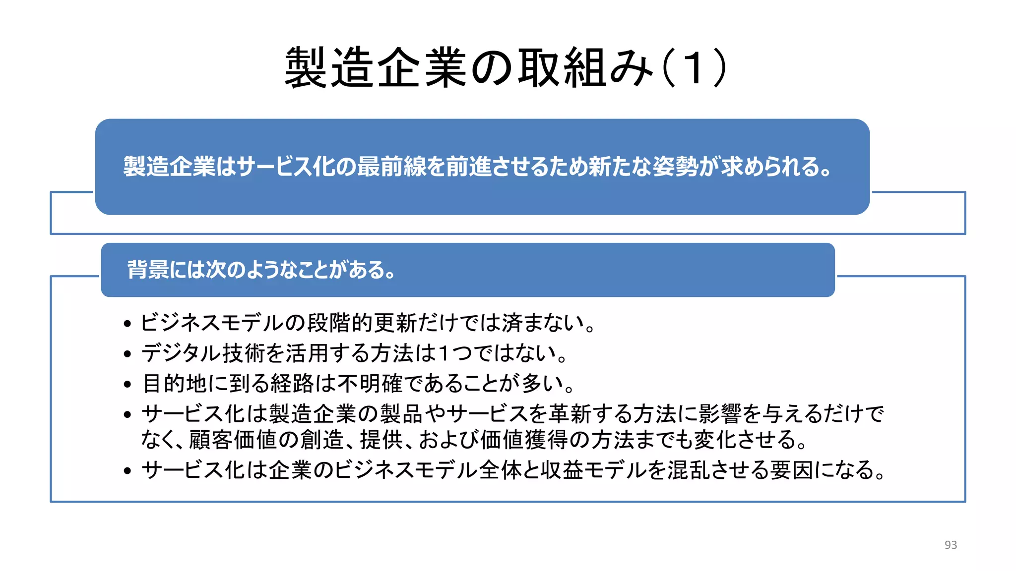 93
製造企業はサービス化の最前線を前進させるため新たな姿勢が求められる。
• ビジネスモデルの段階的更新だけでは済まない。
• デジタル技術を活用する方法は１つではない。
• 目的地に到る経路は不明確であることが多い。
• サービス化は製造企業の製品やサービスを革新する方法に影響を与えるだけで
なく、顧客価値の創造、提供、および価値獲得の方法までも変化させる。
• サービス化は企業のビジネスモデル全体と収益モデルを混乱させる要因になる。
背景には次のようなことがある。
製造企業の取組み（１）
 
