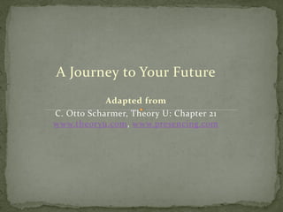 A Journey to Your Future
            Adapted from
C. Otto Scharmer, Theory U: Chapter 21
www.theoryu.com, www.presencing.com
 