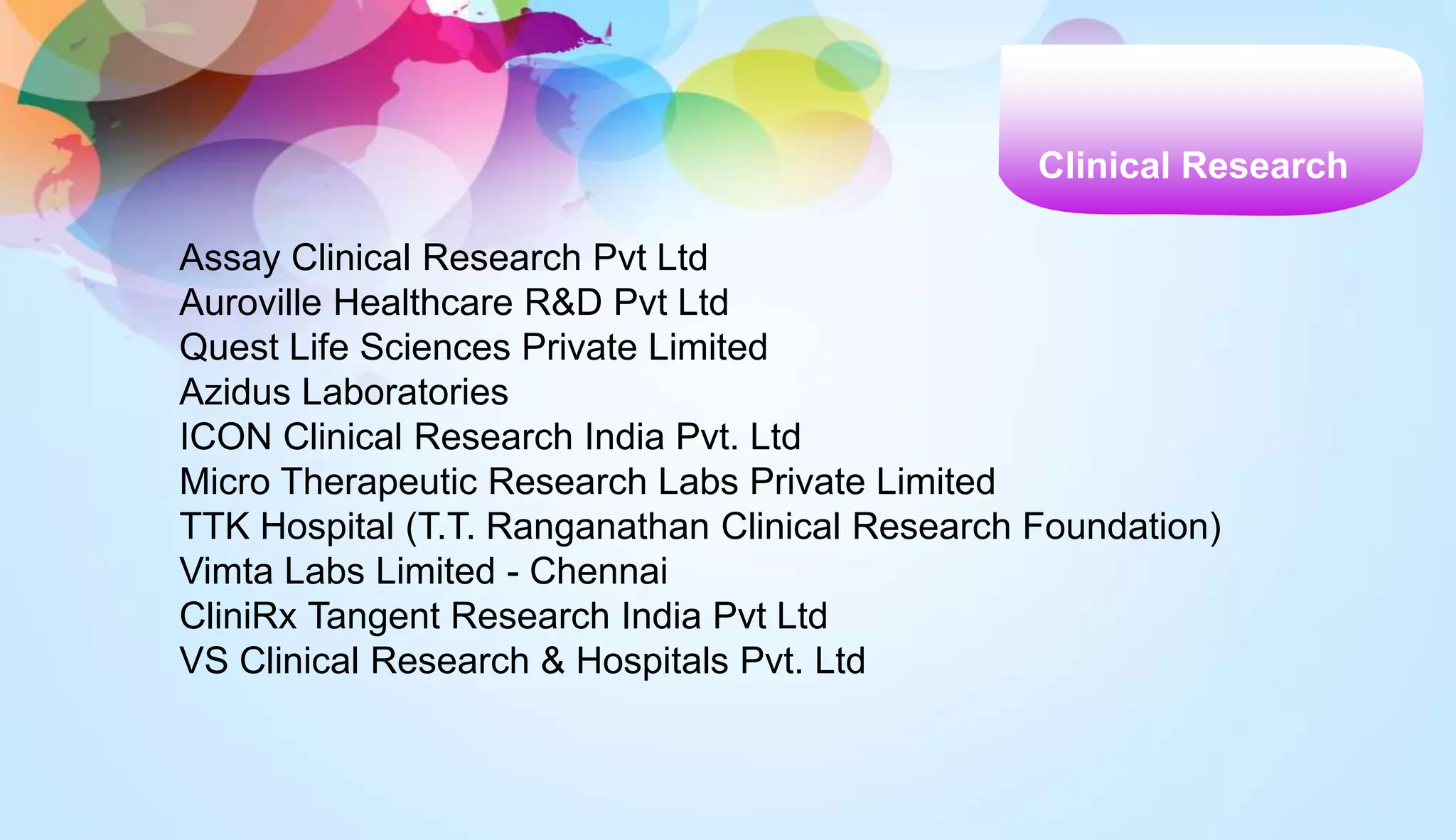 Clinical Research
Assay Clinical Research Pvt Ltd
Auroville Healthcare R&D Pvt Ltd
Quest Life Sciences Private Limited
Azidus Laboratories
ICON Clinical Research India Pvt. Ltd
Micro Therapeutic Research Labs Private Limited
TTK Hospital (T.T. Ranganathan Clinical Research Foundation)
Vimta Labs Limited - Chennai
CliniRx Tangent Research India Pvt Ltd
VS Clinical Research & Hospitals Pvt. Ltd
 