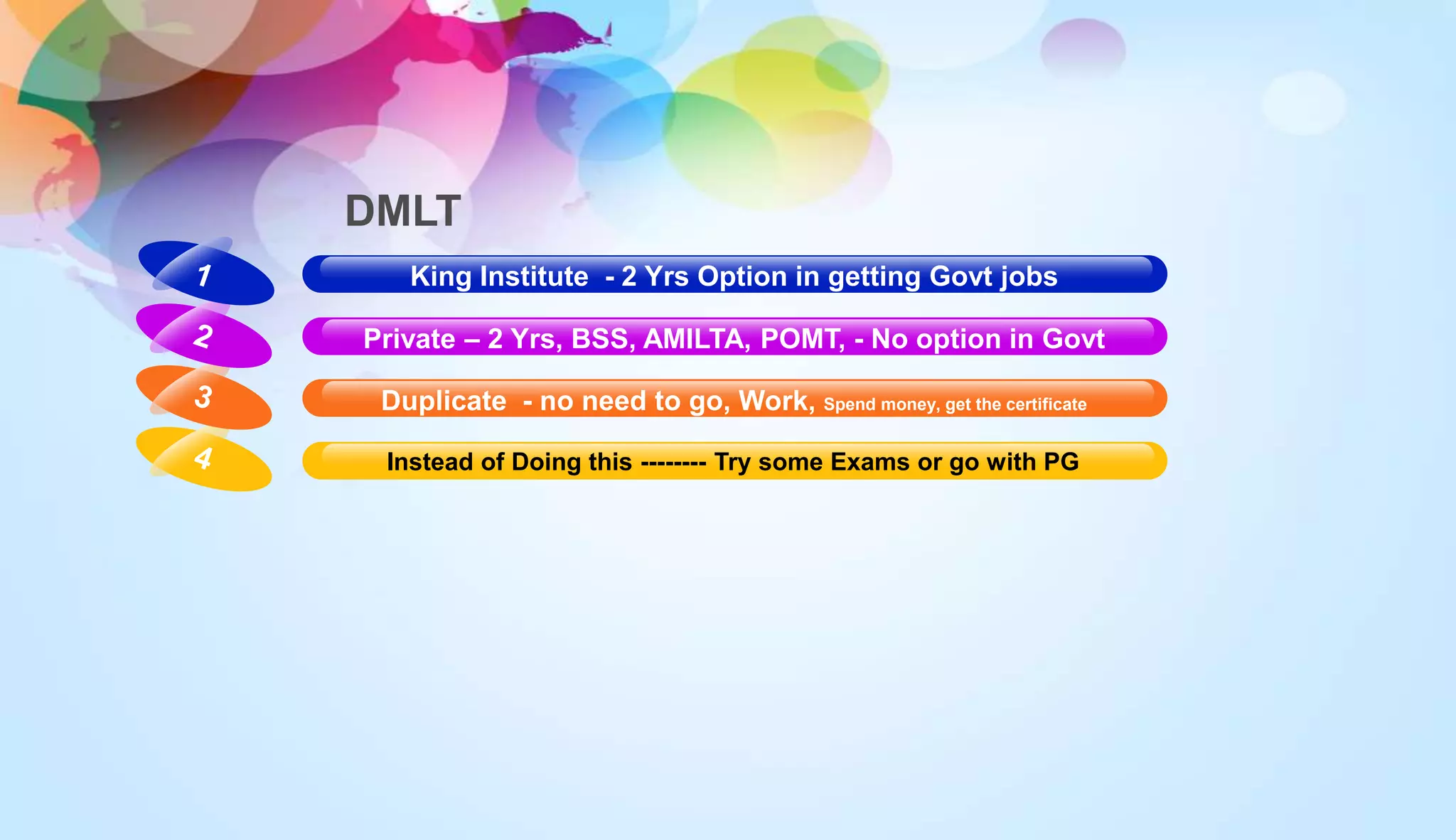 DMLT
Instead of Doing this -------- Try some Exams or go with PG
Duplicate - no need to go, Work, Spend money, get the certificate
Private – 2 Yrs, BSS, AMILTA, POMT, - No option in Govt
King Institute - 2 Yrs Option in getting Govt jobs
 