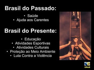 Brasil do Passado: Educação Atividades Esportivas Atividades Culturais Proteção ao Meio Ambiente Luta Contra a Violência Brasil do Presente: Saúde Ajuda aos Carentes UNeB   
