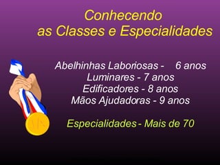 Conhecendo  as Classes e Especialidades Abelhinhas Laboriosas -  6 anos Luminares - 7 anos Edificadores - 8 anos Mãos Ajudadoras - 9 anos Especialidades - Mais de 70 Ministério Jovem - União Nordeste Brasileira 