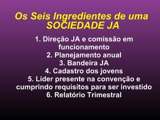 Os Seis Ingredientes de uma  SOCIEDADE JA 1. Direção JA e comissão em funcionamento 2. Planejamento anual 3. Bandeira JA 4. Cadastro dos jovens 5. Líder presente na convenção e cumprindo requisitos para ser investido 6. Relatório Trimestral 