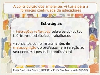 Estratégias interações reflexivas  sobre os conceitos teórico-metodológicos trabalhados; - conceitos como instrumentos de  metacognição  do professor, em relação ao seu percurso pessoal e profissional. . 