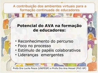 Potencial do AVA na formação de educadores: Reconhecimento do percurso  Foco no processo Estímulo de papéis colaborativos Lideranças  emergentes  