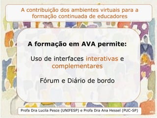 A formação em AVA permite: Uso de interfaces  interativas  e complementares Fórum e Diário de bordo 
