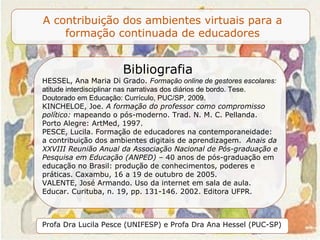 Bibliografia  HESSEL, Ana Maria Di Grado.  Formação online de gestores escolares:  atitude interdisciplinar nas narrativas dos diários de bordo. Tese. Doutorado em Educação: Currículo, PUC/SP, 2009. KINCHELOE, Joe.  A formação do professor como compromisso político:  mapeando o pós-moderno. Trad. N. M. C. Pellanda. Porto Alegre: ArtMed, 1997. PESCE, Lucila.   Formação de educadores na contemporaneidade: a contribuição dos ambientes digitais de aprendizagem.   Anais da XXVIII Reunião Anual da Associação Nacional de Pós-graduação e Pesquisa em Educação (ANPED) –  40 anos de pós-graduação em educação no Brasil: produção de conhecimentos, poderes e práticas. Caxambu, 16 a 19 de outubro de 2005.  VALENTE, José Armando. Uso da internet em sala de aula. Educar. Curituba, n. 19, pp. 131-146. 2002. Editora UFPR.  