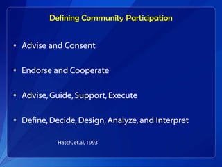 Defining Community Participation


• Advise and Consent

• Endorse and Cooperate

• Advise, Guide, Support, Execute

• Define, Decide, Design, Analyze, and Interpret

            Hatch, et.al, 1993
 