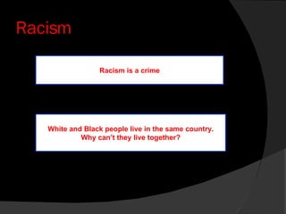 Racism Racism is a crime White and Black people live in the same country. Why can’t they live together? 