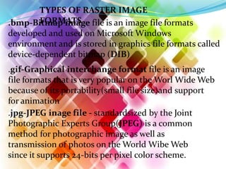 TYPES OF RASTER IMAGE
FORMATS.bmp-Bitmap image file is an image file formats
developed and used on Microsoft Windows
environment and is stored in graphics file formats called
device-dependent bitmap (DIB)
.gif-Graphical interchange format file is an image
file formats that is very popular on the Worl Wide Web
because of its portability(small file size)and support
for animation
.jpg-JPEG inage file - standardsized by the Joint
Photographic Experts Group(JPEG) is a common
method for photographic image as well as
transmission of photos on the World Wibe Web
since it supports 24-bits per pixel color scheme.
 