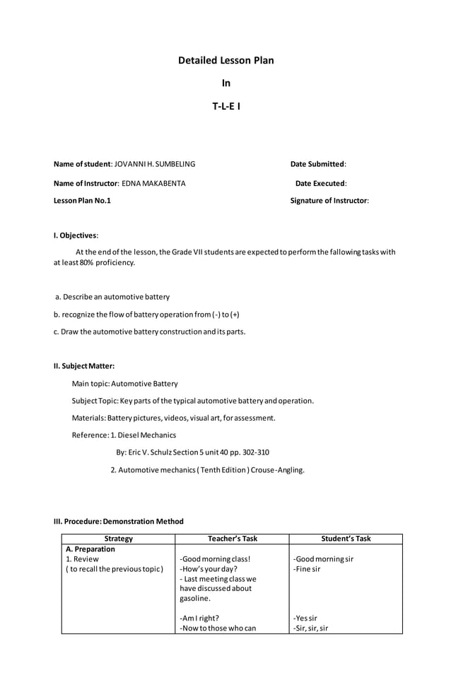 Detailed lesson plan in Automotive by jovanni PDF
