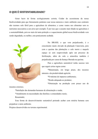 10

O QUE É SUSTENTABILIDADE?

       Gerar lucro de forma ecologicamente correta. Cuidar do ecossistema da nossa
biodiversidade para que futuramente podemos usar nossa natureza e meio ambiente caso contrario
não teremos solo fértil para a agricultura de alimentos; e como vamos nos alimentar sem os
nutrientes necessários a um arroz por exemplo. É por isso que o assunto mais falado na agricultura é
a sustentabilidade, pois no meio de tanta poluição e o aquecimento global nossa biodiversidade vem
sendo degradada, ou melhor, esta praticamente acabada.


                                                  No BRASIL o que vem prejudicando, é o
                                         crescimento muito elevado da plantação Canavieira, pois
                                         com a queima das plantações o solo morre e naquele
                                         espaço só será reaproveitado após um processo de
                                         fertilização, além do solo a atmosfera também é
                                         prejudicada por causa da fumaça liberada na queima.
                                                  Para a agricultura sustentável tenha sucesso tem
                                         que seguir certas regras como:
                                                  *Manutenção, em longo prazo, dos recursos
                                         naturais e da produtividade agrícola;
                                                  *O mínimo de impactos ambientais;
                                                  *Renda adequada ao produtor;
                                                  *Otimização na produção com pouco uso de
insumos externos;
       *Satisfação das demandas humanas de alimentação e renda;
       *Atendimento às necessidades das famílias e comunidades rurais;
       Resumindo;
       Essa forma de desenvolvimento sustentável pretende acabar com miséria humana sem
prejudicar o meio ambiente.
Projetos desenvolvidos no terreno experimental.
 