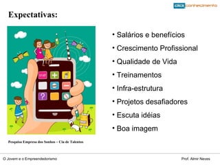 Expectativas: Pesquisa Empresa dos Sonhos – Cia de Talentos Salários e benefícios Crescimento Profissional Qualidade de Vida Treinamentos Infra-estrutura Projetos desafiadores Escuta idéias  Boa imagem 