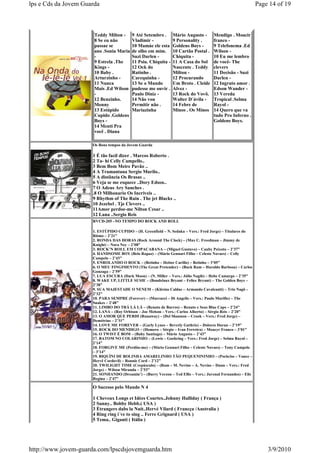 lps e Cds da Jovem Guarda                                                                                      Page 14 of 19



                       Teddy Milton -      9 Até Setembro .      Mário Augusto -       Mendigo . Moacir
                       8 Se eu não         Vladimir -            9 Personality .       franco -
                       passae se           10 Mamáe ele esta     Goldens Boys -        9 Telefonema .Ed
                       ano .Sonia Maria    de olho em mim.       10 Cartão Postal .    Wilson -
                       -                   Suzi Darlen -         Chiquita -            10 Eu me lembro
                       9 Estrela .The      11 Psiu. Chiquita -   11 A Casa do Sol      de você- The
                       Kings -             12 Ock do             Nascente . Teddy      clevers
                       10 Baby .           Ratinho .             Milton -              11 Decisão - Suzi
                       Arturzinho -        Carequinha -          12 Procurando         Darlen -
                       11 Nunca            13 Se o Mundo         Um Broto . Cleide     12 Ingrato amor .
                       Mais .Ed Wilson     pudesse me ouvir .    Alvez -               Edson Wander -
                       -                   Paulo Diniz -         13 Rock do Vovô.      13 Vereda
                       12 Benzinho.        14 Não vou            Walter D´ávila -      Tropical .Selma
                       Monny               Permitir não .        14 Febre de           Rayol -
                       13 Estúpido         Mariazinha            Minos . Os Minos      14 Quero que va
                       Cupido .Goldens                                                 tudo Pro Inferno .
                       Boys -                                                          Goldens Boys.
                       14 Menti Pra
                       você . Diana

                      Os Bons tempos da Jovem Guarda

                      1 É tão facil dizer . Marcos Roberto .
                      2 Ta- hi Celly Campello..
                      3 Bem Bom Meire Pavão ..
                      4 A Tramantana Sergio Murilo..
                      5 A distãncia Os Brasas ..
                      6 Veja se me esquece ..Dory Edson..
                      7 O Adeus Ary Sanches .
                      .8 O Milhonario Os Incriveis ..
                      9 Rhythm of The Rain . The jet Blacks ..
                      10 Jezebel . Tje Clevers ..
                      11Amor perdoe-me Nilton Cesar ..
                      12 Lana ..Sergio Reis
                      RVCD-205 –NO TEMPO DO ROCK AND ROLL

                      1. ESTÚPIDO CUPIDO – (H. Greenfield – N. Sedaka – Vers.: Fred Jorge) – Titulares do
                      Ritmo – 2’21”
                      2. RONDA DAS HORAS (Rock Around The Clock) – (Max C. Freedman – Jimmy de
                      Knight) – Nora Ney – 2’08”
                      3. ROCK’N ROLL EM COPACABANA – (Miguel Gustavo) – Cauby Peixoto – 2’37”
                      4. HANDSOME BOY (Belo Rapaz) – (Mário Gennari Filho – Celeste Novaes) – Celly
                      Campelo – 2’43”
                      5. ENROLANDO O ROCK – (Betinho – Heitor Carillo) – Betinho – 3’05”
                      6. O MEU FINGIMENTO (The Great Pretender) – (Buck Ram – Haroldo Barbosa) – Carlos
                      Gonzaga – 2’59”
                      7. LUA ESCURA (Dark Moon) – (N. Miller – Vers.: Júlio Nagib) – Hebe Camargo – 2’35”
                      8. WAKE UP, LITTLE SUSIE – (Boudelaux Bryant – Felice Bryant) – The Golden Boys –
                      2’38”
                      9. SUA MAJESTADE O NENEM – (Klécius Caldas – Armando Cavalcanti) – Trio Nagô –
                      2’32”
                      10. PARA SEMPRE (Forever) – (Marcucci – Di Angelis – Vers.: Paulo Murillo) – The
                      Snakes – 2’48”
                      11. LIMBO DO TRÁ LÁ LÁ – (Renato de Barros) – Renato e Seus Blue Caps – 2’24”
                      12. LANA – (Roy Orbison – Joe Melson – Vers.: Carlos Alberto) – Sérgio Reis – 2’20”
                      13. O AMOR QUE PERDI (Runaway) – (Del Shannon – Crook – Vers.: Fred Jorge) –
                      Demétrius – 2’31”
                      14. LOVE ME FOREVER – (Garly Lynes – Beverly Guthrie) – Dolores Duran – 2’19”
                      15. ROCK DO MENDIGO – (Homero – Sérgio – Ivan Ferreira) – Moacyr Franco – 3’01”
                      16. O TWIST É BOM – (Baby Santiago) – Mário Augusto – 2’43”
                      17. BATOM NO COLARINHO – (Lewis – Goehring – Vers.: Fred Jorge) – Selma Rayol –
                      2’14”
                      18. FORGIVE ME (Perdôa-me) – (Mário Gennari Filho – Celeste Novaes) – Tony Campelo
                      – 3’14”
                      19. BIQUÍNI DE BOLINHA AMARELINHO TÃO PEQUENININHO – (Pockriss – Vance –
                      Hervê Cordovil) – Ronnie Cord – 2’12”
                      20. TWILIGHT TIME (Crepúsculo) – (Ram – M. Nevins – A. Nevins – Dunn – Vers.: Fred
                      Jorge) – Wilson Miranda – 2’53”
                      21. SONHANDO (Dreamin’) – (Barry Verzon – Ted Ellis – Vers.: Juvenal Fernandes) – Elis
                      Regina – 2’47”

                      O Sucesso pelo Mundo N 4

                      1 Cheveux Longs et Idées Courtes..Johnny Halliday ( França )
                      2 Sunny.. Bobby Hebb.( USA )
                      3 Étrangers dabs la Nuit..Hervé Vilard ( Francça /Australia )
                      4 Ring ring i´ve to sing .. Ferre Grignard ( USA )
                      5 Tema.. Giganti ( Itália )




http://www.jovem-guarda.com/lpscdsjovemguarda.htm                                                                  3/9/2010
 