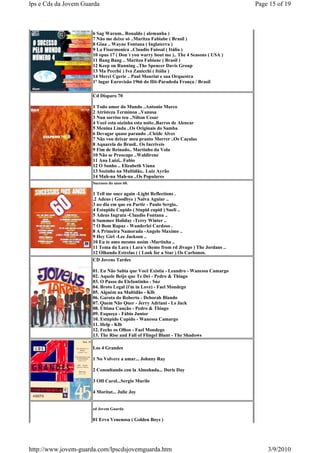 lps e Cds da Jovem Guarda                                                              Page 15 of 19



                      6 Sag Warum.. Ronaldo ( alemanha )
                      7 Não me deixe só ..Maritza Fabiabe ( Brasil )
                      8 Gina .. Wayne Fontana ( Inglaterra )
                      9 La Fisarmonica ..Claudio Faissal ( Itália )
                      10 opus 17 ( Don´t you warry bout me ).. The 4 Seasons ( USA )
                      11 Bang Bang .. Maritza Fabiane ( Brasil )
                      12 Keep on Running ..The Spencer Davis Group
                      13 Ma Pecché ) Iva Zanicchi ( Itália )
                      14 Merci Cgerie .. Paul Mouriat e sua Orquestra
                      1° lugar Eurovisão 1966 do Hit-Paradeda França / Brasil

                      Cd Disparo 70

                      1 Todo amor do Mundo ..Antonio Marco
                      2 Atristeza Terminou ..Vanusa
                      3 Nun sorriso teu ..Nilton Cesar
                      4 Você esta sózinha esta noite..Barros de Alencar
                      5 Menina Linda ..Os Originais do Samba
                      6 Devagar quase parando ..Cleide Alves
                      7 Não vou deixar meu pranto Morrer ..Os Caçulas
                      8 Aquarela do Brasil.. Os Incriveis
                      9 Fim de Reinado.. Martinho da Vola
                      10 Não se Preocupe ..Waldirene
                      11 Ana Luizi.. Fabio
                      12 O Sonho .. Elizabeth Viana
                      13 Sozinho na Multidão.. Luiz Ayrão
                      14 Mah-na Mah-na ..Os Populares
                      Sucessos do anos 60.

                      1 Tell me once again -Light Reflections .
                      .2 Adeus ( Goodbye ) Nalva Aguiar ..
                      3 no dia em que eu Partir - Paulo Sergio..
                      4 Estupido Cupido ( Stupid cupid ) Sueli ..
                      5 Adeus Ingrata -Claudio Fontana ..
                      6 Summer Holiday -Terry Winter ..
                      7 O Bom Rapaz - Wanderlei Cardoso .
                      8 A Primeira Namorada -Angelo Maximo ..
                      9 Hey Girl -Lee Jackson ..
                      10 Eu te amo mesmo assim -Martinha ..
                      11 Tema da Lara ( Lara´s theme from rd Jivago ) The Jordans ..
                      12 Olhando Estrelas ( ( Look for a Star ) Os Carbonos.
                      CD Jovens Tardes

                      01. Eu Não Sabia que Você Existia - Leandro - Wanessa Camargo
                      02. Aquele Beijo que Te Dei - Pedro & Thiago
                      03. O Passo do Elefantinho - Snz
                      04. Broto Legal (i'm in Love) - Fael Mondego
                      05. Alguém na Multidão - Klb
                      06. Garota do Roberto - Deborah Blando
                      07. Quem Não Quer - Jerry Adriani - Ls Jack
                      08. Última Canção - Pedro & Thiago
                      09. Esqueça - Fábio Junior
                      10. Estúpido Cupido - Wanessa Camargo
                      11. Help - Klb
                      12. Feche os Olhos - Fael Mondego
                      13. The Rise and Fall of Flingel Blunt - The Shadows

                      Los 4 Grandes

                      1 No Volvere a amar... Johnny Ray

                      2 Consultando con la Almohada... Doris Day

                      3 OH Carol...Sergio Murilo

                      4 Moritat... Julie Joy


                      cd Jovem Guarda

                      01 Erva Venenosa ( Golden Boys )




http://www.jovem-guarda.com/lpscdsjovemguarda.htm                                          3/9/2010
 