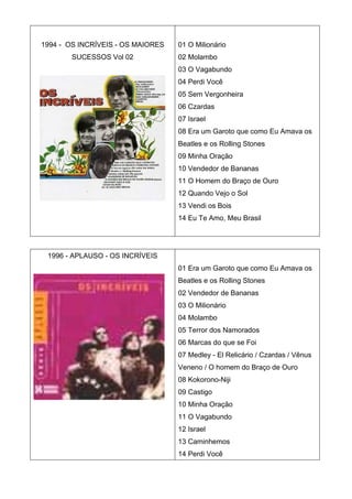 1994 - OS INCRÍVEIS - OS MAIORES   01 O Milionário
       SUCESSOS Vol 02             02 Molambo
                                   03 O Vagabundo
                                   04 Perdi Você
                                   05 Sem Vergonheira
                                   06 Czardas
                                   07 Israel
                                   08 Era um Garoto que como Eu Amava os
                                   Beatles e os Rolling Stones
                                   09 Minha Oração
                                   10 Vendedor de Bananas
                                   11 O Homem do Braço de Ouro
                                   12 Quando Vejo o Sol
                                   13 Vendi os Bois
                                   14 Eu Te Amo, Meu Brasil




 1996 - APLAUSO - OS INCRÍVEIS
                                   01 Era um Garoto que como Eu Amava os
                                   Beatles e os Rolling Stones
                                   02 Vendedor de Bananas
                                   03 O Milionário
                                   04 Molambo
                                   05 Terror dos Namorados
                                   06 Marcas do que se Foi
                                   07 Medley - El Relicário / Czardas / Vênus
                                   Veneno / O homem do Braço de Ouro
                                   08 Kokorono-Niji
                                   09 Castigo
                                   10 Minha Oração
                                   11 O Vagabundo
                                   12 Israel
                                   13 Caminhemos
                                   14 Perdi Você
 