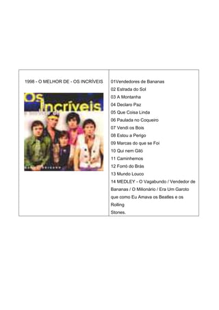 1998 - O MELHOR DE - OS INCRÍVEIS   01Vendedores de Bananas
                                    02 Estrada do Sol
                                    03 A Montanha
                                    04 Declaro Paz
                                    05 Que Coisa Linda
                                    06 Paulada no Coqueiro
                                    07 Vendi os Bois
                                    08 Estou a Perigo
                                    09 Marcas do que se Foi
                                    10 Qui nem Giló
                                    11 Caminhemos
                                    12 Forró do Brás
                                    13 Mundo Louco
                                    14 MEDLEY - O Vagabundo / Vendedor de
                                    Bananas / O Milionário / Era Um Garoto
                                    que como Eu Amava os Beatles e os
                                    Rolling
                                    Stones.
 