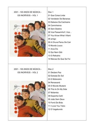 2001 - 100 ANOS DE MÚSICA -   Disc 1
   OS INCRÍVEIS – VOL 1       01 Que Coisa Linda
                              02 Vendedor De Bananas
                              03 Debaixo Da Cachoeira
                              04 Caminheiros
                              05 Sem Destino
                              06 Voa Passarinho!!..Voa ..
                              07 You Know What I Want
                              08 amigo
                              09 A Chuva Parou De Cair
                              10 Mundo Louco
                              11 Arco-Íris
                              12 Qui Nem Giló
                              13 O Relicário
                              14 Marcas Do Que Se Foi




2001 - 100 ANOS DE MÚSICA -   Disc 2
   OS INCRÍVEIS – VOL 2       01 Declaro Paz
                              02 Estrada Do Sol
                              03 O Molionário
                              04 Renascerá
                              05 O Mundo Mudará
                              06 This Is On My Side
                              07 Molambo
                              08 Espanha Cañi
                              09 João Sem Deus
                              10 Forró Do Brás
                              11 I Love You Tokio
                              12 O Vagabundo
 