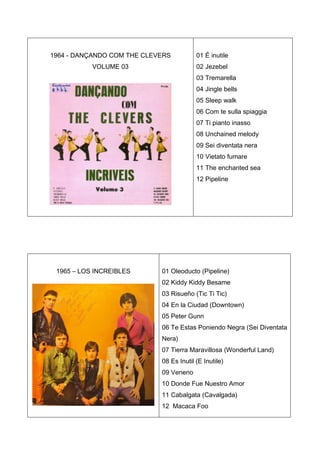 1964 - DANÇANDO COM THE CLEVERS          01 É inutile
           VOLUME 03                     02 Jezebel
                                         03 Tremarella
                                         04 Jingle bells
                                         05 Sleep walk
                                         06 Com te sulla spiaggia
                                         07 Ti pianto inasso
                                         08 Unchained melody
                                         09 Sei diventata nera
                                         10 Vietato fumare
                                         11 The enchanted sea
                                         12 Pipeline




 1965 – LOS INCREIBLES      01 Oleoducto (Pipeline)
                            02 Kiddy Kiddy Besame
                            03 Risueño (Tic Ti Tic)
                            04 En la Ciudad (Downtown)
                            05 Peter Gunn
                            06 Te Estas Poniendo Negra (Sei Diventata
                            Nera)
                            07 Tierra Maravillosa (Wonderful Land)
                            08 Es Inutil (E Inutile)
                            09 Veneno
                            10 Donde Fue Nuestro Amor
                            11 Cabalgata (Cavalgada)
                            12 Macaca Foo
 
