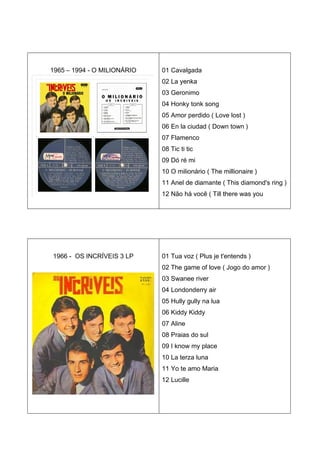 1965 – 1994 - O MILIONÁRIO   01 Cavalgada
                             02 La yenka
                             03 Geronimo
                             04 Honky tonk song
                             05 Amor perdido ( Love lost )
                             06 En la ciudad ( Down town )
                             07 Flamenco
                             08 Tic ti tic
                             09 Dó ré mi
                             10 O milionário ( The millionaire )
                             11 Anel de diamante ( This diamond's ring )
                             12 Não há você ( Till there was you




1966 - OS INCRÍVEIS 3 LP     01 Tua voz ( Plus je t'entends )
                             02 The game of love ( Jogo do amor )
                             03 Swanee river
                             04 Londonderry air
                             05 Hully gully na lua
                             06 Kiddy Kiddy
                             07 Aline
                             08 Praias do sul
                             09 I know my place
                             10 La terza luna
                             11 Yo te amo Maria
                             12 Lucille
 