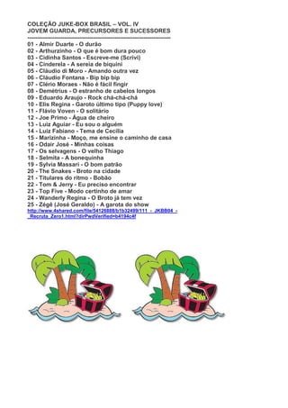 COLEÇÃO JUKE-BOX BRASIL – VOL. IV
JOVEM GUARDA, PRECURSORES E SUCESSORES
--------------------------------------------------------------------------
01 - Almir Duarte - O durão
02 - Arthurzinho - O que é bom dura pouco
03 - Cidinha Santos - Escreve-me (Scrivi)
04 - Cinderela - A sereia de biquini
05 - Cláudio di Moro - Amando outra vez
06 - Cláudio Fontana - Bip bip bip
07 - Clério Moraes - Não é fácil fingir
08 - Demétrius - O estranho de cabelos longos
09 - Eduardo Araujo - Rock chá-chá-chá
10 - Elis Regina - Garoto último tipo (Puppy love)
11 - Flávio Voven - O solitário
12 - Joe Primo - Água de cheiro
13 - Luiz Aguiar - Eu sou o alguém
14 - Luiz Fabiano - Tema de Cecília
15 - Marizinha - Moço, me ensine o caminho de casa
16 - Odair José - Minhas coisas
17 - Os selvagens - O velho Thiago
18 - Selmita - A bonequinha
19 - Sylvia Massari - O bom patrão
20 - The Snakes - Broto na cidade
21 - Titulares do rítmo - Bobão
22 - Tom & Jerry - Eu preciso encontrar
23 - Top Five - Modo certinho de amar
24 - Wanderly Regina - O Broto já tem vez
25 - Zégê (José Geraldo) - A garota do show
http://www.4shared.com/file/54126888/b1b32499/111_-_JKBB04_-
_Recruta_Zero1.html?dirPwdVerified=b4194c4f
 
