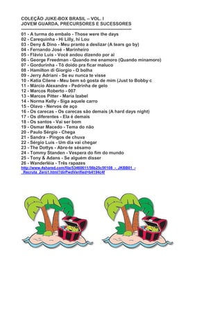 COLEÇÃO JUKE-BOX BRASIL – VOL. I
JOVEM GUARDA, PRECURSORES E SUCESSORES
--------------------------------------------------------------------------
01 - A turma do embalo - Those were the days
02 - Carequinha - Hi Lilly, hi Lou
03 - Deny & Dino - Meu pranto a deslizar (A tears go by)
04 - Fernando José - Marinheiro
05 - Flávio Luís - Você andou dizendo por ai
06 - George Freedman - Quando me enamoro (Quando minamoro)
07 - Gordurinha - Tô doido pra ficar maluco
08 - Hamilton di Giorgio - O bolha
09 - Jerry Adriani - Se eu nunca te visse
10 - Katia Cilene - Meu bem só gosta de mim (Just to Bobby c
11 - Márcio Alexandre - Pedrinha de gelo
12 - Marcos Roberto - 007
13 - Marcos Pitter - Maria Izabel
14 - Norma Kelly - Siga aquele carro
15 - Olavo - Nervos de aço
16 - Os carecas - Os carecas são demais (A hard days night)
17 - Os diferentes - Ela é demais
18 - Os santos - Vai ser bom
19 - Osmar Macedo - Tema do não
20 - Paulo Sérgio - Chega
21 - Sandra - Pingos de chuva
22 - Sérgio Luís - Um dia vai chegar
23 - The Dottys - Abre-te sésamo
24 - Tommy Standen - Vespera do fim do mundo
25 - Tony & Adans - Se alguém disser
26 - Wanderléia - Três rapazes
http://www.4shared.com/file/53460611/56b25c5f/108_-_JKBB01_-
_Recruta_Zero1.html?dirPwdVerified=b4194c4f
 