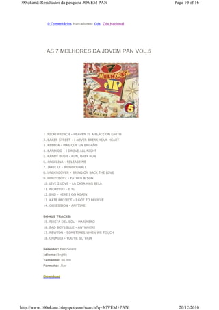 100 okanê: Resultados da pesquisa JOVEM PAN                Page 10 of 16



             0 Comentários Marcadores: Cds, Cds Nacional




             AS 7 MELHORES DA JOVEM PAN VOL.5




           1. NICKI FRENCH - HEAVEN IS A PLACE ON EARTH
           2. BAKER STREET - I NEVER BREAK YOUR HEART
           3. REBECA - MAS QUE UN ENGAÑO
           4. BANDIDO - I DROVE ALL NIGHT
           5. RANDY BUSH - RUN, BABY RUN
           6. ANGELINA - RELEASE ME
           7. JAKIE O' - WONDERWALL
           8. UNDERCOVER - BRING ON BACK THE LOVE
           9. HOUZEBOYZ - FATHER & SON
           10. LIVE 2 LOVE - LA CASA MAS BELA
           11. FIORELLO - E TU
           12. BND - HERE I GO AGAIN
           13. KATE PROJECT - I GOT TO BELIEVE
           14. OBSESSION - ANYTIME


           BONUS TRACKS:
           15. FIESTA DEL SOL - MARINERO
           16. BAD BOYS BLUE - ANYWHERE
           17. NEWTON - SOMETIMES WHEN WE TOUCH
           18. CHIMIRA - YOU'RE SO VAIN


           Servidor: EasyShare
           Idioma: Inglês
           Tamanho: 66 mb
           Formato: .Rar


           Download




http://www.100okane.blogspot.com/search?q=JOVEM+PAN          20/12/2010
 
