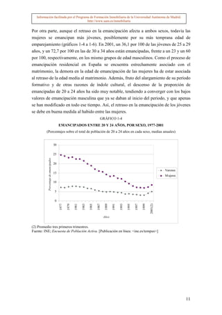 Información facilitada por el Programa de Formación Inmobiliaria de la Universidad Autónoma de Madrid.
                                        http://www.uam.es/inmobiliaria


Por otra parte, aunque el retraso en la emancipación afecta a ambos sexos, todavía las
mujeres se emancipan más jóvenes, posiblemente por su más temprana edad de
emparejamiento (gráficos 1-4 a 1-6). En 2001, un 36,1 por 100 de las jóvenes de 25 a 29
años, y un 72,7 por 100 en las de 30 a 34 años están emancipadas, frente a un 23 y un 60
por 100, respectivamente, en los mismo grupos de edad masculinos. Como el proceso de
emancipación residencial en España se encuentra estrechamente asociado con el
matrimonio, la demora en la edad de emancipación de las mujeres ha de estar asociada
al retraso de la edad media al matrimonio. Además, fruto del alargamiento de su período
formativo y de otras razones de índole cultural, el descenso de la proporción de
emancipadas de 20 a 24 años ha sido muy notable, tendiendo a converger con los bajos
valores de emancipación masculina que ya se daban al inicio del periodo, y que apenas
se han modificado en todo ese tiempo. Así, el retraso en la emancipación de los jóvenes
se debe en buena medida al habido entre las mujeres.
                                                                                  GRÁFICO 1-4
                                            EMANCIPADOS ENTRE 20 Y 24 AÑOS, POR SEXO, 1977-2001
          (Porcentajes sobre el total de población de 20 a 24 años en cada sexo, medias anuales)


                                       30

                                       25
           Porcentaje de emancipados




                                       20

                                                                                                                                           Varones
                                       15
                                                                                                                                           M ujeres
                                       10

                                       5

                                       0
                                            1977

                                                   1979

                                                          1981

                                                                 1983

                                                                        1985

                                                                               1987

                                                                                       1989

                                                                                              1991

                                                                                                     1993

                                                                                                            1995

                                                                                                                   1997

                                                                                                                          1999

                                                                                                                                 2001(2)




                                                                                      Años


(2) Promedio tres primeros trimestres.
Fuente: INE; Encuesta de Población Activa. [Publicación en línea: <ine.es/tempus>]




                                                                                                                                                      11
 