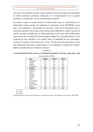 Información facilitada por el Programa de Formación Inmobiliaria de la Universidad Autónoma de Madrid.
                                        http://www.uam.es/inmobiliaria


Con todo, estos beneficios fiscales vienen a producir una serie de efectos que despliegan
un diverso potencial económico, influyendo en el comportamiento de los agentes
económicos, en particular, y de los contribuyentes en general.

En cuanto al gasto en ayudas directas, la fuente básica para su conocimiento es el
denominado sistema europeo de estadísticas de protección social (SEEPROS), cuyos
datos son recopilados y armonizados por Eurostat a partir de la información que le
suministra cada país. De acuerdo con los últimos datos disponibles, el gasto social en la
función vivienda en España fue, en 1998, equivalente a un 0,1 por 100 del PIB, medio
punto menos que la media de la Unión Europea (cuadro 4-4). Es posible apreciar, en la
evolución de este indicador en los últimos años, la estabilidad de esos porcentajes,
común por lo demás a otros países de la Unión. En todo caso, hay que insistir en que
esta información sólo atañe al gasto directo, y no representa el conjunto del esfuerzo
público en protección a la vivienda en cada país.
                                               CUADRO 4-4
GASTO DE PROTECCIÓN SOCIAL EN TÉRMINOS SEEPROS: VIVIENDA, 1980, 1990 Y 1998
                                          (En porcentajes del PIB)
                          País                   1980(1)        1990(2)        1998(3)
                          Alemania                 0,1            0,2            0,2
                          Austria                  0,2            0,1            0,1
                          Bélgica                   nd             nd            Nd
                          Dinamarca                0,4            0,7            0,7
                          España                   0,0            0,1            0,1
                          Finlandia                0,2            0,2            0,4
                          Francia                  0,4            0,8            0,9
                          Grecia                    nd            0,5            0,7
                          Holanda                  0,3            0,3            0,4
                          Irlanda                  0,8            0,6            0,5
                          Italia                   0,0            0,0            0,0
                          Luxemburgo               0,0            0,0            0,1
                          Portugal                 0,0            0,0            0,0
                          Reino Unido               nd            1,3            1,6
                          Suecia                    nd             nd            0,8
                          Total UE                 0,2            0,3            0,6
    (1) UE 11
    (2) UE12
    (3) UE15
Fuente: Eurostat, European Social Statistics on Social Protection. Expenditure and receipts, 1980-1990.




                                                                                                            125
 