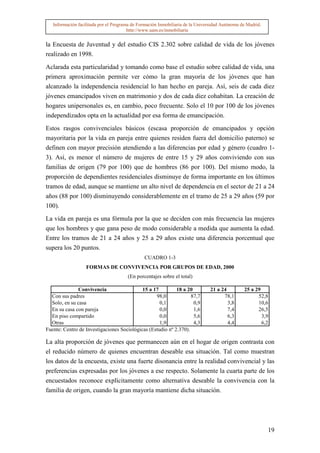 Información facilitada por el Programa de Formación Inmobiliaria de la Universidad Autónoma de Madrid.
                                        http://www.uam.es/inmobiliaria


la Encuesta de Juventud y del estudio CIS 2.302 sobre calidad de vida de los jóvenes
realizado en 1998.

Aclarada esta particularidad y tomando como base el estudio sobre calidad de vida, una
primera aproximación permite ver cómo la gran mayoría de los jóvenes que han
alcanzado la independencia residencial lo han hecho en pareja. Así, seis de cada diez
jóvenes emancipados viven en matrimonio y dos de cada diez cohabitan. La creación de
hogares unipersonales es, en cambio, poco frecuente. Solo el 10 por 100 de los jóvenes
independizados opta en la actualidad por esa forma de emancipación.

Estos rasgos convivenciales básicos (escasa proporción de emancipados y opción
mayoritaria por la vida en pareja entre quienes residen fuera del domicilio paterno) se
definen con mayor precisión atendiendo a las diferencias por edad y género (cuadro 1-
3). Así, es menor el número de mujeres de entre 15 y 29 años conviviendo con sus
familias de origen (79 por 100) que de hombres (86 por 100). Del mismo modo, la
proporción de dependientes residenciales disminuye de forma importante en los últimos
tramos de edad, aunque se mantiene un alto nivel de dependencia en el sector de 21 a 24
años (88 por 100) disminuyendo considerablemente en el tramo de 25 a 29 años (59 por
100).

La vida en pareja es una fórmula por la que se deciden con más frecuencia las mujeres
que los hombres y que gana peso de modo considerable a medida que aumenta la edad.
Entre los tramos de 21 a 24 años y 25 a 29 años existe una diferencia porcentual que
supera los 20 puntos.
                                               CUADRO 1-3
                   FORMAS DE CONVIVENCIA POR GRUPOS DE EDAD, 2000
                                       (En porcentajes sobre el total)

              Convivencia                   15 a 17         18 a 20             21 a 24         25 a 29
  Con sus padres                                  98,0             87,7               78,1            52,8
  Solo, en su casa                                  0,1             0,9                 3,8           10,6
  En su casa con pareja                             0,0             1,6                 7,4           26,5
  En piso compartido                                0,0             5,6                 6,3             3,9
  Otras                                             1,9             4,3                 4,4             6,2
Fuente: Centro de Investigaciones Sociológicas (Estudio nº 2.370).

La alta proporción de jóvenes que permanecen aún en el hogar de origen contrasta con
el reducido número de quienes encuentran deseable esa situación. Tal como muestran
los datos de la encuesta, existe una fuerte disonancia entre la realidad convivencial y las
preferencias expresadas por los jóvenes a ese respecto. Solamente la cuarta parte de los
encuestados reconoce explícitamente como alternativa deseable la convivencia con la
familia de origen, cuando la gran mayoría mantiene dicha situación.




                                                                                                            19
 