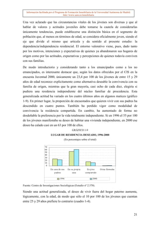 Información facilitada por el Programa de Formación Inmobiliaria de la Universidad Autónoma de Madrid.
                                        http://www.uam.es/inmobiliaria


Una vez aclarado que las circunstancias vitales de los jóvenes son diversas y que al
hablar de valores y actitudes juveniles debe tomarse la cautela de considerarlas
únicamente tendencias, puede establecerse una distinción básica en el segmento de
población que, al menos en términos de edad, se considera oficialmente joven, siendo el
eje que divide el mismo que articula y da sentido al presente estudio: la
dependencia/independencia residencial. El entorno valorativo viene, pues, dado tanto
por los motivos, intenciones y expectativas de quienes ya abandonaron sus hogares de
origen como por las actitudes, expectativas y percepciones de quienes todavía conviven
con sus familias.

De modo introductorio y considerando tanto a los emancipados como a los no
emancipados, es interesante destacar que, según los datos ofrecidos por el CIS en la
encuesta Juventud 2000, únicamente un 23,4 por 100 de los jóvenes de entre 15 y 29
años de edad reconoce explícitamente como alternativa deseable la convivencia con su
familia de origen, mientras que la gran mayoría, casi ocho de cada diez, elegiría si
pudiera una residencia independiente del núcleo familiar de procedencia. Esta
generalizada actitud ha variado en los cuatro últimos años en algunos matices (gráfico
1-9). En primer lugar, la proporción de encuestados que quieren vivir con sus padres ha
descendido en cuatro puntos. También ha perdido vigor como modalidad de
convivencia la residencia compartida. En cambio, ha aumentado de forma no
desdeñable la preferencia por la vida totalmente independiente. Si en 1996 el 55 por 100
de los jóvenes manifestaba su deseo de habitar una vivienda independiente, en 2000 ese
deseo ha calado casi en un 63 por 100 de ellos.
                                               GRÁFICO 1-9
                          LUGAR DE RESIDENCIA DESEADO, 1996-2000
                                       (En porcentajes sobre el total)

                    70
                    60
                    50
                    40
                    30
                    20
                    10
                     0
                          En casa de sus   En su p rop ia     En p iso     O tras fórmulas
                              p adres          casa         comp artido

                                   1996                            2000


Fuente: Centro de Investigaciones Sociológicas (Estudio nº 2.370).

Siendo una actitud generalizada, el deseo de vivir fuera del hogar paterno aumenta,
lógicamente, con la edad, de modo que sólo el 10 por 100 de los jóvenes que cuentan
entre 25 y 29 años prefiere lo contrario (cuadro 1-4).



                                                                                                            21
 