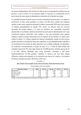 Información facilitada por el Programa de Formación Inmobiliaria de la Universidad Autónoma de Madrid.
                                        http://www.uam.es/inmobiliaria


de manera independiente. Ello refuerza la idea de que la emancipación residencial es un
proceso, y que al menos en sus primeras etapas es frecuente su combinación con la
pervivencia de cierto grado de dependencia económica de la familias de origen.

La cantidad mensual de dinero que los jóvenes encuentran necesaria para vivir según su
preferencia se sitúa, como promedio, en torno a los 860 euros, siendo más exigentes
quienes tienen como ocupación principal el trabajo remunerado (920 euros) que quienes
se dedican principalmente al estudio (781 euros). La relación entre los recursos
derivados del propio trabajo y el coste de satisfacer sus necesidades materiales
proporciona a los primeros mejores elementos de juicio para la determinación de lo que
constituyen ingresos suficientes. Ello conduce a una clara distinción entre quienes
trabajan y quienes cuentan únicamente con los ingresos de sus familias. La edad, como
refleja el cuadro 1-5, influye también de manera considerable, siendo los más jóvenes
quienes perciben la realidad de forma más optimista, lo que indudablemente responde a
la vinculación de los tramos de edad superiores con el trabajo asalariado. En promedio,
las respuestas correspondientes al grupo de entre 15 y 17 años de edad arrojan una
cantidad mensual de 793 euros (algo menos de 132.000 pesetas), mientras que los de 25
a 29 años indican cantidades que, como promedio, ascienden a 907 euros
(aproximadamente 151.000 pesetas). También se observa, por otro lado, alguna
diferencia, aunque más pequeña, en la estimación que hacen los varones y las mujeres
del dinero mensual necesario: 886 frente a 834 euros.
                                               CUADRO 1-5
          RECURSOS NECESARIOS PARA EMANCIPARSE, POR GRUPOS DE EDAD
                                    (En porcentajes sobre emancipados)

            Intervalos (en pts.)              Total          15 a 17       18 a 20      21 a 24      25 a 29
Hasta 84.000                                           8,7         17,2          13,5          7,7           4,1
85.0000 a 143.000                                     34,4         34,4          35,7         36,3          32,3
144.000 a 200.000                                     41,1         26,8          36,4         42,2          47,5
Más de 200.000                                         5,1           4,1            3            5           6,5
NS/NC                                                 10,7         17,5          11,4          8,8           9,6
Fuente: Centro de Investigaciones Sociológicas (Estudio nº 2.370).




                                                                                                               26
 