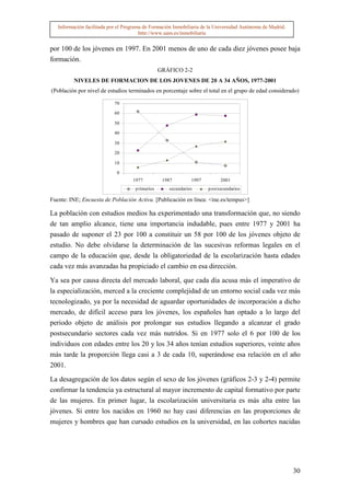 Información facilitada por el Programa de Formación Inmobiliaria de la Universidad Autónoma de Madrid.
                                        http://www.uam.es/inmobiliaria


por 100 de los jóvenes en 1997. En 2001 menos de uno de cada diez jóvenes posee baja
formación.
                                                  GRÁFICO 2-2
          NIVELES DE FORMACION DE LOS JOVENES DE 20 A 34 AÑOS, 1977-2001
(Población por nivel de estudios terminados en porcentaje sobre el total en el grupo de edad considerado)

                            70

                            60

                            50

                            40

                            30

                            20

                            10

                             0
                                    1977           1987        1997         2001
                                     p rimarios      secundarios      p ostsecundarios

Fuente: INE; Encuesta de Población Activa. [Publicación en línea: <ine.es/tempus>]

La población con estudios medios ha experimentado una transformación que, no siendo
de tan amplio alcance, tiene una importancia indudable, pues entre 1977 y 2001 ha
pasado de suponer el 23 por 100 a constituir un 58 por 100 de los jóvenes objeto de
estudio. No debe olvidarse la determinación de las sucesivas reformas legales en el
campo de la educación que, desde la obligatoriedad de la escolarización hasta edades
cada vez más avanzadas ha propiciado el cambio en esa dirección.

Ya sea por causa directa del mercado laboral, que cada día acusa más el imperativo de
la especialización, merced a la creciente complejidad de un entorno social cada vez más
tecnologizado, ya por la necesidad de aguardar oportunidades de incorporación a dicho
mercado, de difícil acceso para los jóvenes, los españoles han optado a lo largo del
periodo objeto de análisis por prolongar sus estudios llegando a alcanzar el grado
postsecundario sectores cada vez más nutridos. Si en 1977 solo el 6 por 100 de los
individuos con edades entre los 20 y los 34 años tenían estudios superiores, veinte años
más tarde la proporción llega casi a 3 de cada 10, superándose esa relación en el año
2001.

La desagregación de los datos según el sexo de los jóvenes (gráficos 2-3 y 2-4) permite
confirmar la tendencia ya estructural al mayor incremento de capital formativo por parte
de las mujeres. En primer lugar, la escolarización universitaria es más alta entre las
jóvenes. Si entre los nacidos en 1960 no hay casi diferencias en las proporciones de
mujeres y hombres que han cursado estudios en la universidad, en las cohortes nacidas




                                                                                                            30
 