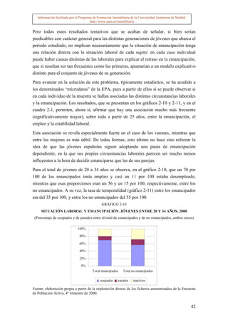 Información facilitada por el Programa de Formación Inmobiliaria de la Universidad Autónoma de Madrid.
                                        http://www.uam.es/inmobiliaria


Pero todos estos resultados tentativos que se acaban de señalar, si bien serían
predicables con carácter general para las distintas generaciones de jóvenes que abarca el
periodo estudiado, no implican necesariamente que la situación de emancipación tenga
una relación directa con la situación laboral de cada sujeto: en cada caso individual
puede haber causas distintas de las laborales para explicar el retraso en la emancipación,
que si resultan ser tan frecuentes como las primeras, apuntarían a un modelo explicativo
distinto para el conjunto de jóvenes de su generación.

Para avanzar en la solución de este problema, típicamente estadístico, se ha acudido a
los denominados “microdatos” de la EPA, pues a partir de ellos sí se puede observar si
en cada individuo de la muestra se hallan asociadas las distintas circunstancias laborales
y la emancipación. Los resultados, que se presentan en los gráficos 2-10 y 2-11, y en el
cuadro 2-1, permiten, ahora sí, afirmar que hay una asociación mucho más frecuente
(significativamente mayor), sobre todo a partir de 25 años, entre la emancipación, el
empleo y la estabilidad laboral.

Esta asociación se revela especialmente fuerte en el caso de los varones, mientras que
entre las mujeres es más débil. De todas formas, esto último no hace sino reforzar la
idea de que las jóvenes españolas siguen adoptando una pauta de emancipación
dependiente, en la que sus propias circunstancias laborales parecen ser mucho menos
influyentes a la hora de decidir emanciparse que las de sus parejas.

Para el total de jóvenes de 20 a 34 años se observa, en el gráfico 2-10, que un 70 por
100 de los emancipados tenía empleo y casi un 11 por 100 estaba desempleado,
mientras que esas proporciones eran un 56 y un 15 por 100, respectivamente, entre los
no emancipados. A su vez, la tasa de temporalidad (gráfico 2-11) entre los emancipados
era del 35 por 100, y entre los no emancipados del 55 por 100.
                                              GRÁFICO 2-10
     SITUACIÓN LABORAL Y EMANCIPACIÓN. JÓVENES ENTRE 20 Y 34 AÑOS, 2000
 (Porcentaje de ocupados y de parados entre el total de emancipados y de no emancipados, ambos sexos)

                              100%

                               80%

                               60%

                               40%

                               20%

                                0%
                                        Total emancipados    Total no emancipados

                                             ocupados    parados    inactivos

Fuente: elaboración propia a partir de la explotación directa de los ficheros anonimizados de la Encuesta
de Población Activa, 4º trimestre de 2000.


                                                                                                            42
 