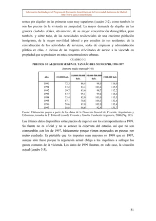 Información facilitada por el Programa de Formación Inmobiliaria de la Universidad Autónoma de Madrid.
                                        http://www.uam.es/inmobiliaria


rentas por alquiler en las primeras sean muy superiores (cuadro 3-2), como también lo
son los precios de la vivienda en propiedad. La mayor demanda de alquiler en las
grandes ciudades deriva, obviamente, de su mayor concentración demográfica, pero
también, y sobre todo, de las necesidades residenciales de una creciente población
inmigrante, de la mayor movilidad laboral o por estudios de sus residentes, de la
centralización de las actividades de servicios, sedes de empresas y administración
pública en ellas, e incluso de las mayores dificultades de acceso a la vivienda en
propiedad que se producen en estas concentraciones urbanas.
                                                 CUADRO 3-2
         PRECIOS DE ALQUILER SEGÚN EL TAMAÑO DEL MUNICIPIO, 1990-1997
                                       (Importe medio mensual=100)

                                                 10.000-50.000 50.000-500.000
                     Año         <10.000 hab.                                 >500.000 hab
                                                     hab.           hab.

                     1990                 72,3            86,4           98,0           116,0
                     1991                 67,2            83,4          103,4           115,5
                     1992                 59,7            85,6           98,7           112,2
                     1993                 67,7            95,1           99,4           116,6
                     1994                 75,4            82,0          103,9           115,5
                     1995                 67,1            70,6          104,1           132,4
                     1996                 58,6            87,0          102,0           132,4
                     1997                 58,8            90,6           92,4           151,7
Fuente: Elaboración propia a partir de los datos de la Dirección General de Vivienda, Arquitectura y
Urbanismo, tomados de P. Taltavull (coord): Vivienda y Familia. Fundación Argentaria, 2000 (Pág. 193).

Los últimos datos disponibles sobre precios de alquiler son los correspondientes a 1999.
Su fuente no es oficial y no se conoce la cobertura del estudio, así que no son
comparables con los de 1997, básicamente porque vienen expresados en pesetas por
metro cuadrado. Es probable que los importes sean mayores en 1999 que en 1997,
aunque sólo fuese porque la regulación actual obliga a los inquilinos a sufragar los
gastos comunes de la vivienda. Los datos de 1999 ilustran, en todo caso, la situación
actual (cuadro 3-3).




                                                                                                            51
 