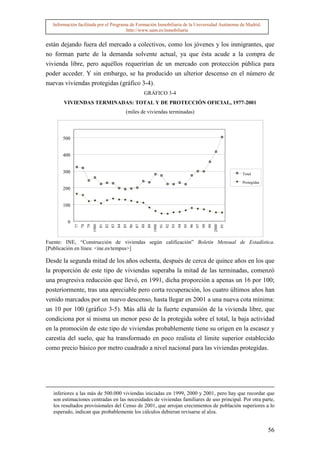 Información facilitada por el Programa de Formación Inmobiliaria de la Universidad Autónoma de Madrid.
                                       http://www.uam.es/inmobiliaria


están dejando fuera del mercado a colectivos, como los jóvenes y los inmigrantes, que
no forman parte de la demanda solvente actual, ya que ésta acude a la compra de
vivienda libre, pero aquéllos requerirían de un mercado con protección pública para
poder acceder. Y sin embargo, se ha producido un ulterior descenso en el número de
nuevas viviendas protegidas (gráfico 3-4).
                                                                       GRÁFICO 3-4
       VIVIENDAS TERMINADAS: TOTAL Y DE PROTECCIÓN OFICIAL, 1977-2001
                                                        (miles de viviendas terminadas)



       500


       400


       300                                                                                                                                      Total

                                                                                                                                                Protegidas
       200


       100


         0
             77
                  78
                       79
                            1980
                                   81
                                        82
                                             83
                                                  84
                                                       85
                                                            86
                                                                 87
                                                                      88
                                                                           89
                                                                                1990
                                                                                       91
                                                                                            92
                                                                                                 93
                                                                                                      94
                                                                                                           95
                                                                                                                96
                                                                                                                     97
                                                                                                                          98
                                                                                                                               99
                                                                                                                                    2000
                                                                                                                                           01




Fuente: INE, “Construcción de viviendas según calificación” Boletín Mensual de Estadística.
[Publicación en línea: <ine.es/tempus>]

Desde la segunda mitad de los años ochenta, después de cerca de quince años en los que
la proporción de este tipo de viviendas superaba la mitad de las terminadas, comenzó
una progresiva reducción que llevó, en 1991, dicha proporción a apenas un 16 por 100;
posteriormente, tras una apreciable pero corta recuperación, los cuatro últimos años han
venido marcados por un nuevo descenso, hasta llegar en 2001 a una nueva cota mínima:
un 10 por 100 (gráfico 3-5). Más allá de la fuerte expansión de la vivienda libre, que
condiciona por sí misma un menor peso de la protegida sobre el total, la baja actividad
en la promoción de este tipo de viviendas probablemente tiene su origen en la escasez y
carestía del suelo, que ha transformado en poco realista el límite superior establecido
como precio básico por metro cuadrado a nivel nacional para las viviendas protegidas.




   inferiores a las más de 500.000 viviendas iniciadas en 1999, 2000 y 2001, pero hay que recordar que
   son estimaciones centradas en las necesidades de viviendas familiares de uso principal. Por otra parte,
   los resultados provisionales del Censo de 2001, que arrojan crecimientos de población superiores a lo
   esperado, indican que probablemente los cálculos debieran revisarse al alza.


                                                                                                                                                             56
 