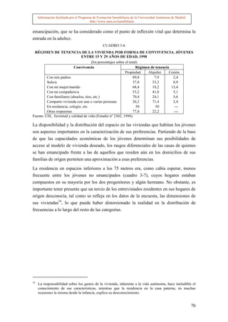 Información facilitada por el Programa de Formación Inmobiliaria de la Universidad Autónoma de Madrid.
                                          http://www.uam.es/inmobiliaria


emancipación, que se ha considerado como el punto de inflexión vital que determina la
entrada en la adultez.
                                                 CUADRO 3-6
 RÉGIMEN DE TENENCIA DE LA VIVIENDA POR FORMA DE CONVIVENCIA. JÓVENES
                               ENTRE 15 Y 29 AÑOS DE EDAD, 1998
                                      (En porcentajes sobre el total)
                           Convivencia                             Régimen de tenencia
                                                            Propiedad    Alquiler     Cesión
         Con mis padres                                           89,8       7,9        2,4
         Solo/a                                                   37,8      53,3        8,9
         Con mi mujer/marido                                      68,4      18,2       13,4
         Con mi compañero/a                                       53,2      41,8        5,1
         Con familiares (abuelos, tíos, etc.)                     70,4      24,1        5,6
         Comparto vivienda con una o varias personas              26,2      71,4        2,4
         En residencia, colegio, etc.                               50        50         ---
         Otras respuestas                                         77,8      22,2         ---
Fuente: CIS, Juventud y calidad de vida (Estudio nº 2302, 1998).

La disponibilidad y la distribución del espacio en las viviendas que habitan los jóvenes
son aspectos importantes en la caracterización de sus preferencias. Partiendo de la base
de que las capacidades económicas de los jóvenes determinan sus posibilidades de
acceso al modelo de vivienda deseado, los rasgos diferenciales de las casas de quienes
se han emancipado frente a las de aquellos que residen aún en los domicilios de sus
familias de origen permiten una aproximación a esas preferencias.

La residencia en espacios inferiores a los 75 metros era, como cabía esperar, menos
frecuente entre los jóvenes no emancipados (cuadro 3-7), cuyos hogares estaban
compuestos en su mayoría por los dos progenitores y algún hermano. No obstante, es
importante tener presente que un tercio de los entrevistados residentes en sus hogares de
origen desconocía, tal como se refleja en los datos de la encuesta, las dimensiones de
sus viviendas34, lo que puede haber distorsionado la realidad en la distribución de
frecuencias a lo largo del resto de las categorías.




34
     La responsabilidad sobre los gastos de la vivienda, inherente a la vida autónoma, hace ineludible el
     conocimiento de sus características, mientras que la residencia en la casa paterna, en muchas
     ocasiones la misma desde la infancia, explica su desconocimiento.


                                                                                                              70
 