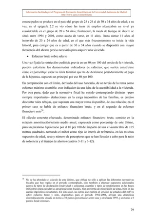 Información facilitada por el Programa de Formación Inmobiliaria de la Universidad Autónoma de Madrid.
                                          http://www.uam.es/inmobiliaria


emancipados se produce en el paso del grupo de 25 a 29 al de 30 a 34 años de edad; a su
vez, en el epígrafe 2.2 se vio cómo las tasas de empleo alcanzaban un nivel ya
considerable en el grupo de 20 a 24 años; finalmente, la moda de tiempo de ahorro se
situó entre 1994 y 2001, como acaba de verse, en 11 años. Basta sumar 11 años al
intervalo de 20 a 24 años de edad, en el que más frecuentemente se inicia la vida
laboral, para colegir que es a partir de 30 a 34 años cuando se dispondrá con mayor
frecuencia del ahorro previo necesario para adquirir una vivienda.

      •   Esfuerzo bruto sobre salario

Una vez fijada la restricción crediticia previa en un 80 por 100 del precio de la vivienda,
pueden calcularse los denominados indicadores de esfuerzo, que suelen construirse
como el porcentaje sobre la renta familiar que ha de destinarse periódicamente al pago
de la hipoteca, supuesto un principal por ese 80 por 100.

En comparación con el límite, derivado del uso bancario, de un tercio de la renta como
esfuerzo máximo asumible, este indicador da una idea de la accesibilidad a la vivienda.
Por otra parte, dado que la normativa fiscal ha venido contemplando distintas –pero
siempre importantes- deducciones en la carga impositiva de las familias, es preciso
descontar tales rebajas, que suponen una mayor renta disponible, de esa relación; en el
primer caso se habla de esfuerzo financiero bruto, y en el segundo de esfuerzo
financiero neto38.
El cálculo concreto efectuado, denominado esfuerzo financiero bruto, consiste en la
relación amortización/salario medio anual, expresada como porcentaje de este último,
para un préstamo hipotecario por el 80 por 100 del importe de una vivienda libre de 105
metros cuadrados, tomando el mibor como tipo de interés de referencia, en los mismos
supuestos de edad, sexo y número de perceptores que se han llevado a cabo para la ratio
de solvencia y el tiempo de ahorro (cuadros 3-11 y 3-12).




38
     No se ha abordado el cálculo de este último, que obliga no sólo a aplicar las diferentes normativas
     fiscales que han regido en el periodo contemplado, sino también a efectuar supuestos adicionales
     acerca de tipos de declaración (individual o conjunta), cuantías y tipos de rendimientos en las bases
     imponibles para calcular las desgravaciones fiscales, bien en forma de minoración de éstas, bien en las
     cuotas impositivas resultantes. En todo caso, las series que elabora el servicio de estudios del BBVA
     sobre esfuerzo bruto y neto, disponibles para el periodo 1982-2001, arrojan una diferencia
     sistemáticamente situada en torno a 10 puntos porcentuales entre una y otra hasta 1995, y en torno a 8
     puntos desde entonces.


                                                                                                              79
 