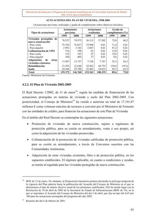 Información facilitada por el Programa de Formación Inmobiliaria de la Universidad Autónoma de Madrid.
                                          http://www.uam.es/inmobiliaria

                         ACTUACIONES DEL PLAN DE VIVIENDA, 1998-2001
            (Actuaciones previstas, realizadas y grado de cumplimiento sobre objetivos iniciales)
                                         Actuaciones              Actuaciones              Grado de
          Tipos de actuaciones             previstas               realizadas          cumplimiento (%)
                                        1999       2000          1999      2000          1999    2000
     Viviendas protegidas de
                                         78.527      79.975      56.515      37.202        72,0       46,5
     nueva construcción
     - Para venta                        75.536      76.837      53.908         S.D.       71,4       S.D.
     - Para alquiler                      2.991       3.102       2.607         S.D.       87,2       S.D.
     Cofinanciación de VPO                  516         590          62         S.D.       12,0       S.D.
     - Para venta                           132         185          25         S.D.       18,9       S.D.
     - Para alquiler                        384         405          37         S.D.        9,6       S.D.
     Adquisición de otras
                                         13.987      13.757       7.338        7.747       52,5       56,3
     viviendas existentes
     Rehabilitación                      21.976      22.648      32.962      44.753       150,0      197,6
     Suelo                               24.366      29.790      22.485      18.633        92,3       62,5
     Total                              139.372     146.760     119.362     108.335        85,6       73,8
Fuente: Ministerio de Fomento.


4.2.2. El Plan de Vivienda 2002-2005

El Real Decreto 1/2002, de 11 de enero54, regula las medidas de financiación de las
actuaciones protegidas en materia de vivienda y suelo del Plan 2002-2005. Con
posterioridad, el Consejo de Ministros55 ha venido a autorizar un total de 17.191,87
millones € como volumen máximo de recursos a convenir por el Ministerio de Fomento
con las entidades de crédito, para financiar las actuaciones de este Plan de Vivienda.

En el ámbito del Real Decreto se contemplan las siguientes actuaciones:

      •   Promoción de viviendas de nueva construcción, sujetas a regímenes de
          protección pública, para su cesión en arrendamiento, venta o uso propio, así
          como la adquisición de las viviendas promovidas.

      •   Cofinanciación de la promoción de viviendas calificadas de promoción pública,
          para su cesión en arrendamiento, a través de Convenios suscritos con las
          Comunidades Autónomas.

      •   Adquisición de otras viviendas existentes, libre o de protección pública, en los
          supuestos establecidos. El régimen aplicable, en cuanto a condiciones y ayudas,
          se remite al regulado para las viviendas protegidas de nueva construcción.



54
     BOE de 12 de enero. No obstante, la Disposición transitoria primera declaraba la prórroga temporal de
     la vigencia del Plan anterior hasta la publicación del Acuerdo del Consejo de Ministros en el que se
     determinase el tipo de interés efectivo anual de los préstamos cualificados. Ello ha tenido lugar con la
     Resolución de 10 de abril de 2002 de la Secretaría de Estado de Infraestructuras (BOE de 18), en la
     que se reproduce el Acuerdo del Consejo de Ministros del día 5 de abril, que fija un tipo del 4,45 por
     100 para las actuaciones protegidas del programa del año 2002.
55
     Reunión del día 8 de febrero de 2001.


                                                                                                              93
 