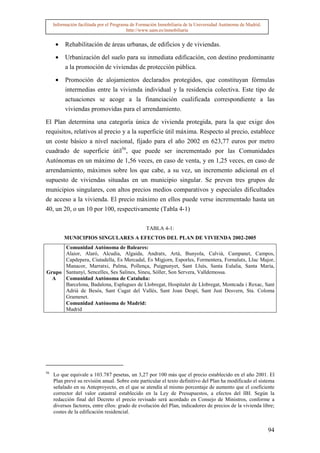Información facilitada por el Programa de Formación Inmobiliaria de la Universidad Autónoma de Madrid.
                                          http://www.uam.es/inmobiliaria


      •   Rehabilitación de áreas urbanas, de edificios y de viviendas.

      •   Urbanización del suelo para su inmediata edificación, con destino predominante
          a la promoción de viviendas de protección pública.

      •   Promoción de alojamientos declarados protegidos, que constituyan fórmulas
          intermedias entre la vivienda individual y la residencia colectiva. Este tipo de
          actuaciones se acoge a la financiación cualificada correspondiente a las
          viviendas promovidas para el arrendamiento.

El Plan determina una categoría única de vivienda protegida, para la que exige dos
requisitos, relativos al precio y a la superficie útil máxima. Respecto al precio, establece
un coste básico a nivel nacional, fijado para el año 2002 en 623,77 euros por metro
cuadrado de superficie útil56, que puede ser incrementado por las Comunidades
Autónomas en un máximo de 1,56 veces, en caso de venta, y en 1,25 veces, en caso de
arrendamiento, máximos sobre los que cabe, a su vez, un incremento adicional en el
supuesto de viviendas situadas en un municipio singular. Se preven tres grupos de
municipios singulares, con altos precios medios comparativos y especiales dificultades
de acceso a la vivienda. El precio máximo en ellos puede verse incrementado hasta un
40, un 20, o un 10 por 100, respectivamente (Tabla 4-1)

                                                  TABLA 4-1:
          MUNICIPIOS SINGULARES A EFECTOS DEL PLAN DE VIVIENDA 2002-2005
      Comunidad Autónoma de Baleares:
      Alaior, Alaró, Alcudia, Algaida, Andratx, Artá, Bunyola, Calviá, Campanet, Campos,
      Capdepera, Ciutadella, Es Mercadal, Es Migjorn, Esporles, Formentera, Fornalutx, Lluc Major,
      Manacor, Marratxi, Palma, Pollença, Puigpunyet, Sant Lluís, Santa Eulalia, Santa María,
Grupo Santanyí, Sencelles, Ses Salines, Sineu, Sóller, Son Servera, Valldemossa.
  A   Comunidad Autónoma de Cataluña:
      Barcelona, Badalona, Esplugues de Llobregat, Hospitalet de Llobregat, Montcada i Rexac, Sant
      Adriá de Besós, Sant Cugat del Vallés, Sant Joan Despí, Sant Just Desvern, Sta. Coloma
      Gramenet.
      Comunidad Autónoma de Madrid:
      Madrid




56
     Lo que equivale a 103.787 pesetas, un 3,27 por 100 más que el precio establecido en el año 2001. El
     Plan prevé su revisión anual. Sobre este particular el texto definitivo del Plan ha modificado el sistema
     señalado en su Anteproyecto, en el que se atendía al mismo porcentaje de aumento que el coeficiente
     corrector del valor catastral establecido en la Ley de Presupuestos, a efectos del IBI. Según la
     redacción final del Decreto el precio revisado será acordado en Consejo de Ministros, conforme a
     diversos factores, entre ellos: grado de evolución del Plan, indicadores de precios de la vivienda libre;
     costes de la edificación residencial.


                                                                                                              94
 