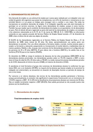 Mercado de Trabajo de los jóvenes. 2008




II- DEMANDANTES DE EMPLEO
Una demanda de empleo es una solicitud de empleo por cuenta ajena realizada por un trabajador ante una
unidad de gestión del organismo que posee las competencias, con el fin de insertarse o reinsertarse en una
actividad laboral, o si ya posee un trabajo, para conseguir otro o cambiar a uno mejor. No todas las
inscripciones se consideran demandas de empleo. Si el trabajador especifica que solo está interesado en
participar en un servicio concreto, no figura como demandante de empleo, aunque sí como inscrito.
También hay que resaltar que la condición de demandante de empleo no es equivalente a la de demandante
en paro. Para el cálculo del paro registrado se parte del total de los demandantes de empleo y se excluyen
a los colectivos relacionados en la O. M. de 11 de marzo de 1985 (B. O. E. 14/03/1985). La información
contenida en este capítulo procede del Servicio Público de Empleo Estatal tomada a 31 de diciembre de
2008 o bien al último día de cada mes objeto de estudio.

El 22,24% de los demandantes registrados en el Servicio Público de Empleo Estatal de Álava, a 31 de
diciembre de 2008, tiene menos de 30 años. De éstos, aproximadamente una quinta parte son
demandantes no parados. Con una oferta educativa y formativa amplia y variada, muchos jóvenes optan a
ampliar su formación y educación, posponiendo su incorporación al mundo laboral, y realizándose ésta de
manera paulatina. Debido a ello, el grupo más numeroso de los demandantes jóvenes es el configurado por
las personas de 25 a 29 años (58,91%). El paro afecta más a hombres (58,01%) y ha subido más en los
hombres (97,61%) que en las mujeres (49,60%).

En diciembre de 2008 se rompe la tendencia de descenso de los años precedentes (2005-2007) de los
demandantes jóvenes provinciales. Los demandantes parados suben un 74,14% respecto a 2007, y entre
éstos la franja de edad de 20 a 24 años sube un 90,36%. La media mensual de jóvenes demandantes parados
es de 2.535, destacando el mínimo de junio (2.068) y el máximo de diciembre (3.563).

Si atendemos al nivel formativo el grupo más numeroso de demandantes jóvenes lo conforman los que
tienen ESO, con o sin titulación (59,78%). La mayoría de los jóvenes que buscan empleo en la provincia ha
trabajado con anterioridad y se encuentran en situación de desempleo durante un período de tiempo de
uno a tres meses.

Por sectores y en valores absolutos, dos tercios de los demandantes parados pertenecen a Servicios,
aunque porcentualmente, la variación más significativa la experimenta Construcción con un incremento de
119,34% respecto a 2007. El 21,33% de los beneficiarios de prestaciones alaveses son menores de 30 años.
Hay un notable incremento respecto a 2007 (83,52%). Esta subida porcentual es más acusada cuanto más
jóvenes son los beneficiarios.



       1.- Demandantes de empleo


       Total demandantes de empleo: 4.412

                                                               Tramos de
                                                                                  Parados   No Parados
                                                                 edad
                                           No                16 a 19 años            217            52
                                         Parados
                                         19,24%              20 a 24 años          1.264           280
            Parados
                                                             25 a 29 años          2.082           517
            80,76%
                                                              Total                3.563           849




Observatorio de las Ocupaciones del Servicio Público de Empleo Estatal de Álava                          15
 