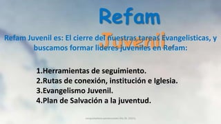 conquistadores pentecostales Dto.26 (2021)
Refam
Juvenil.
1.Herramientas de seguimiento.
2.Rutas de conexión, institución e Iglesia.
3.Evangelismo Juvenil.
4.Plan de Salvación a la juventud.
Refam Juvenil es: El cierre del nuestras tareas Evangelisticas, y
buscamos formar lideres juveniles en Refam:
 